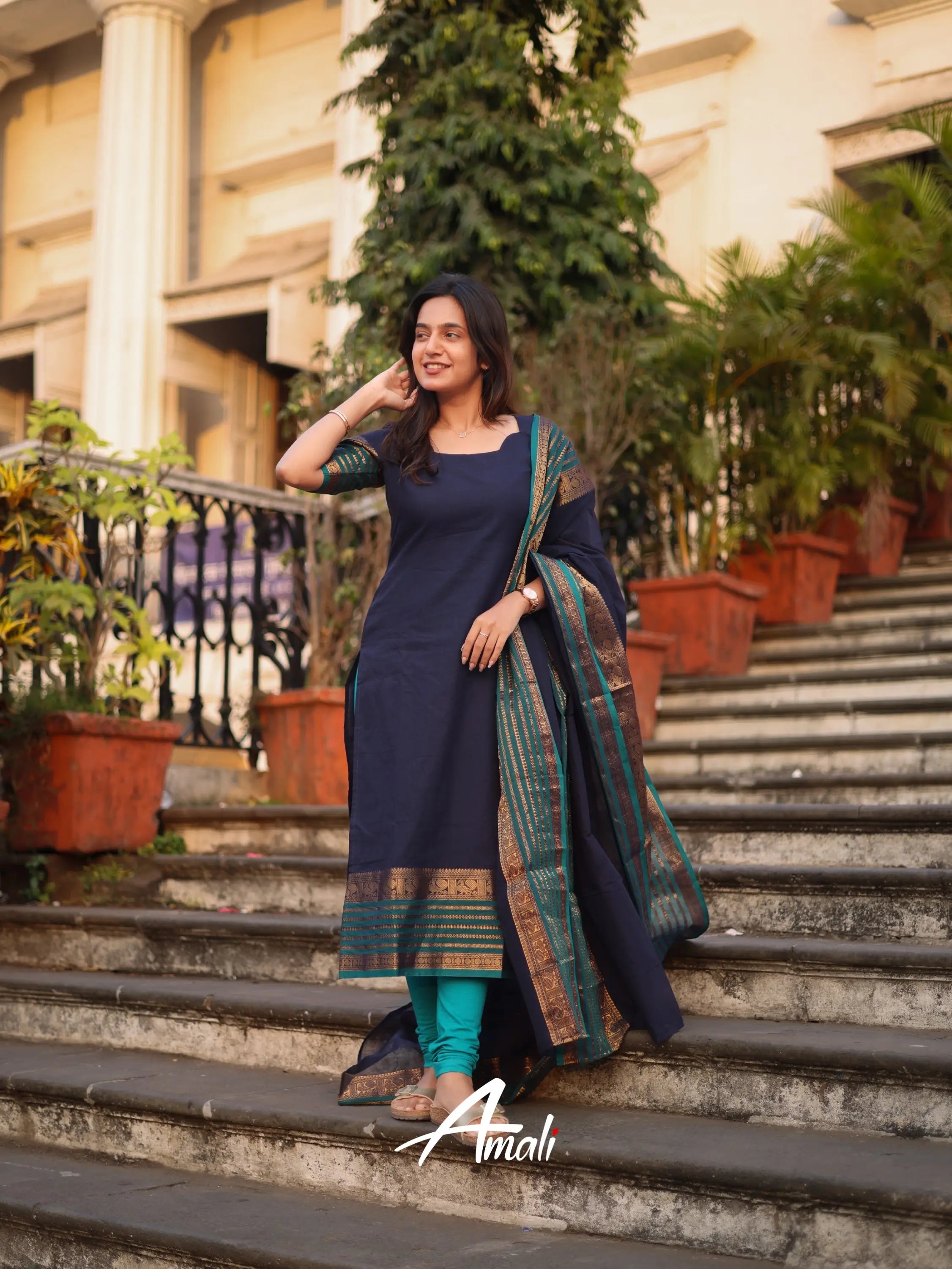 Navy Blue Kanchi Cotton Kurti with Designer Dupatta