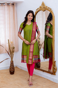 Olive Green Cotton Kurti with Pink Zari Dupatta