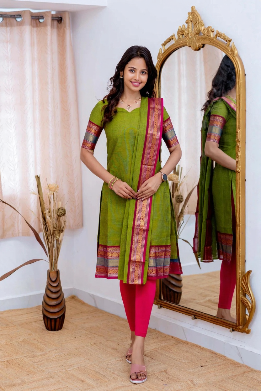 Olive Green Cotton Kurti with Pink Zari Dupatta