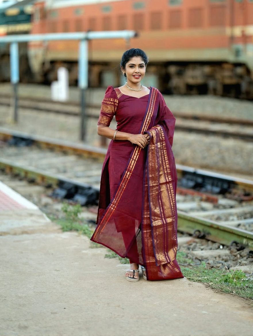 Maroon Kanchi Cotton Kurta Set with Dupatta