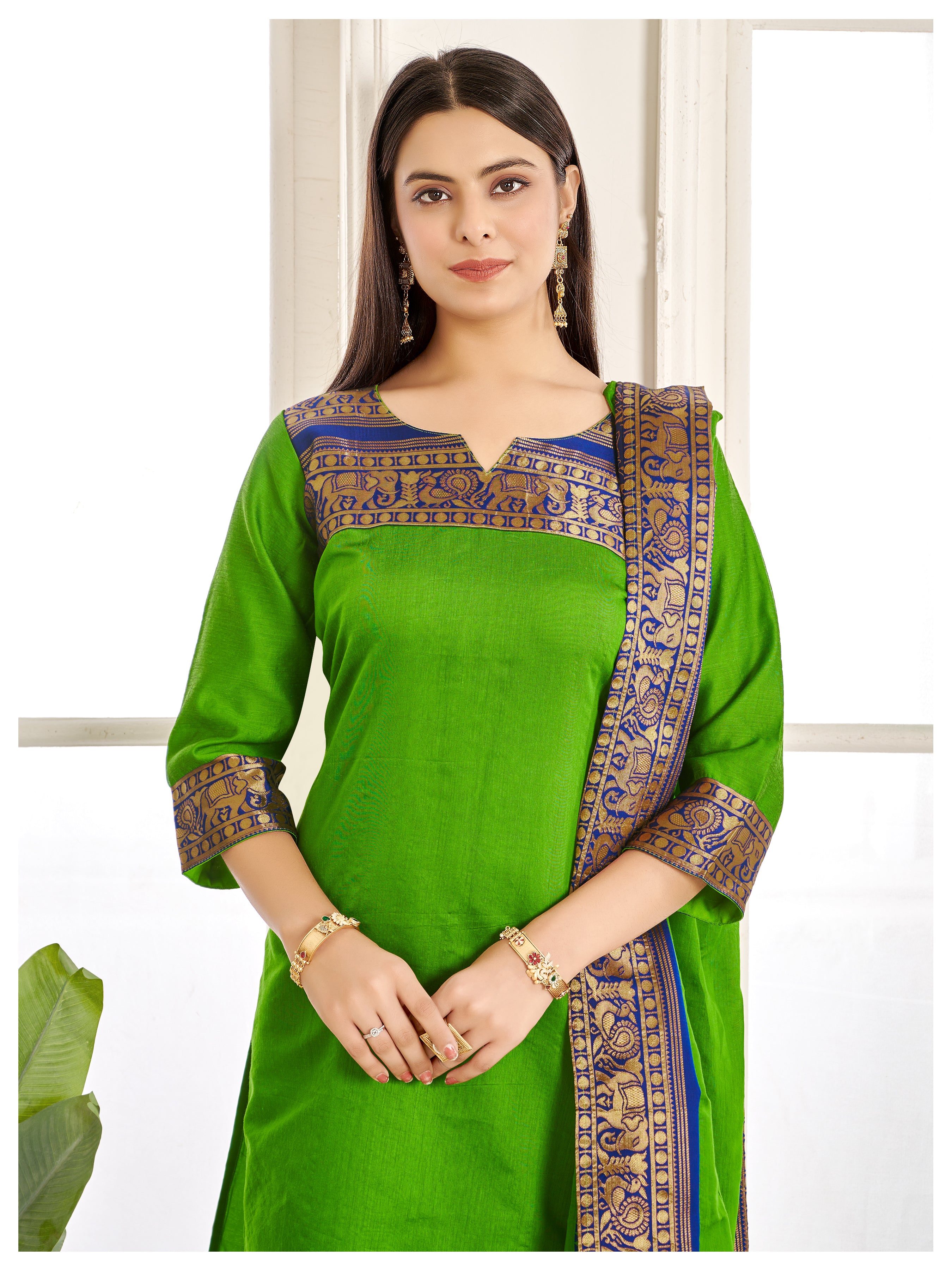 Mehandi Kanchi Cotton Kurti with Royal Blue Zari Dupatta