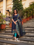 Navy Blue Kanchi Cotton Kurti with Designer Dupatta