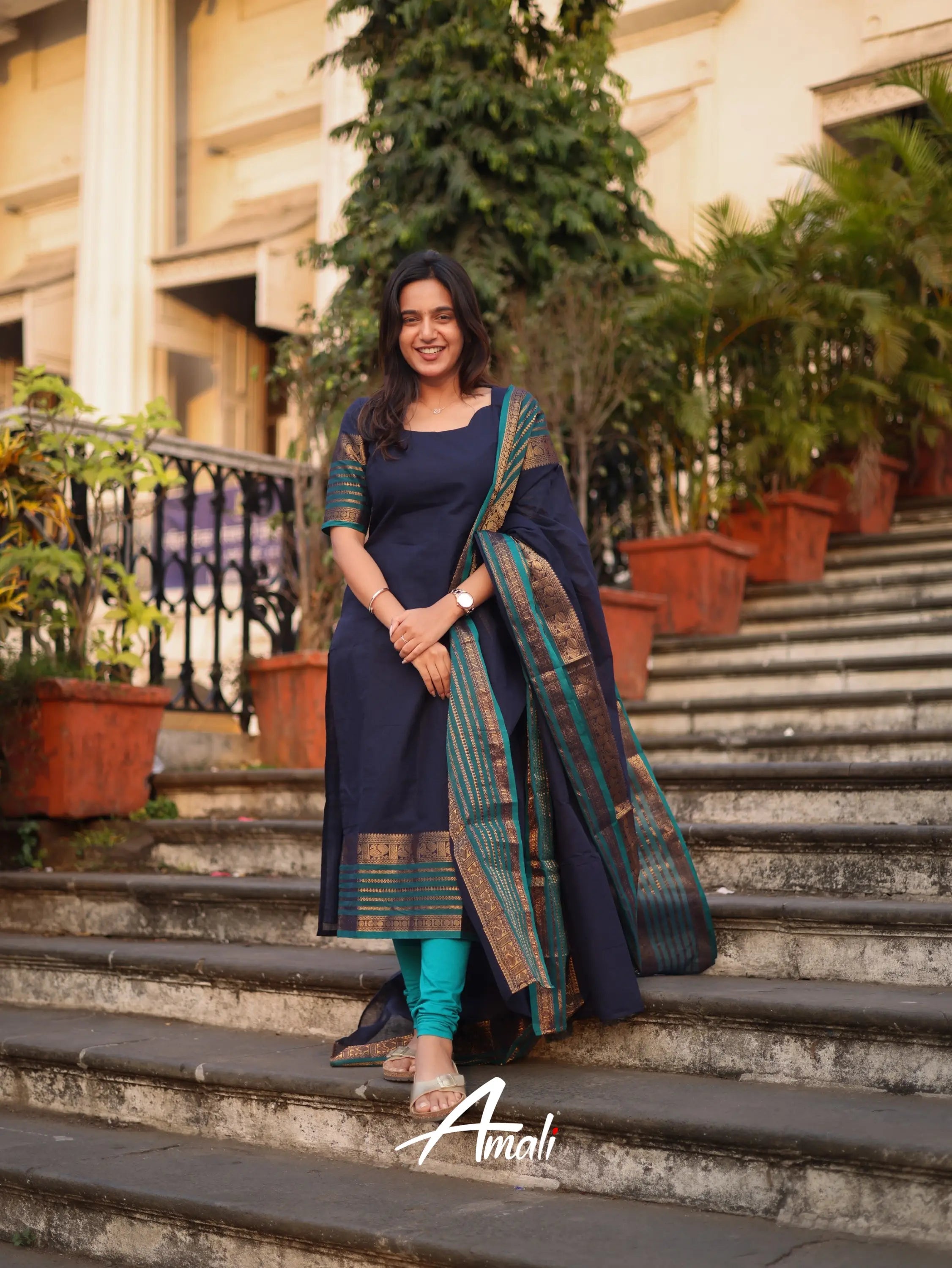 Navy Blue Kanchi Cotton Kurti with Designer Dupatta