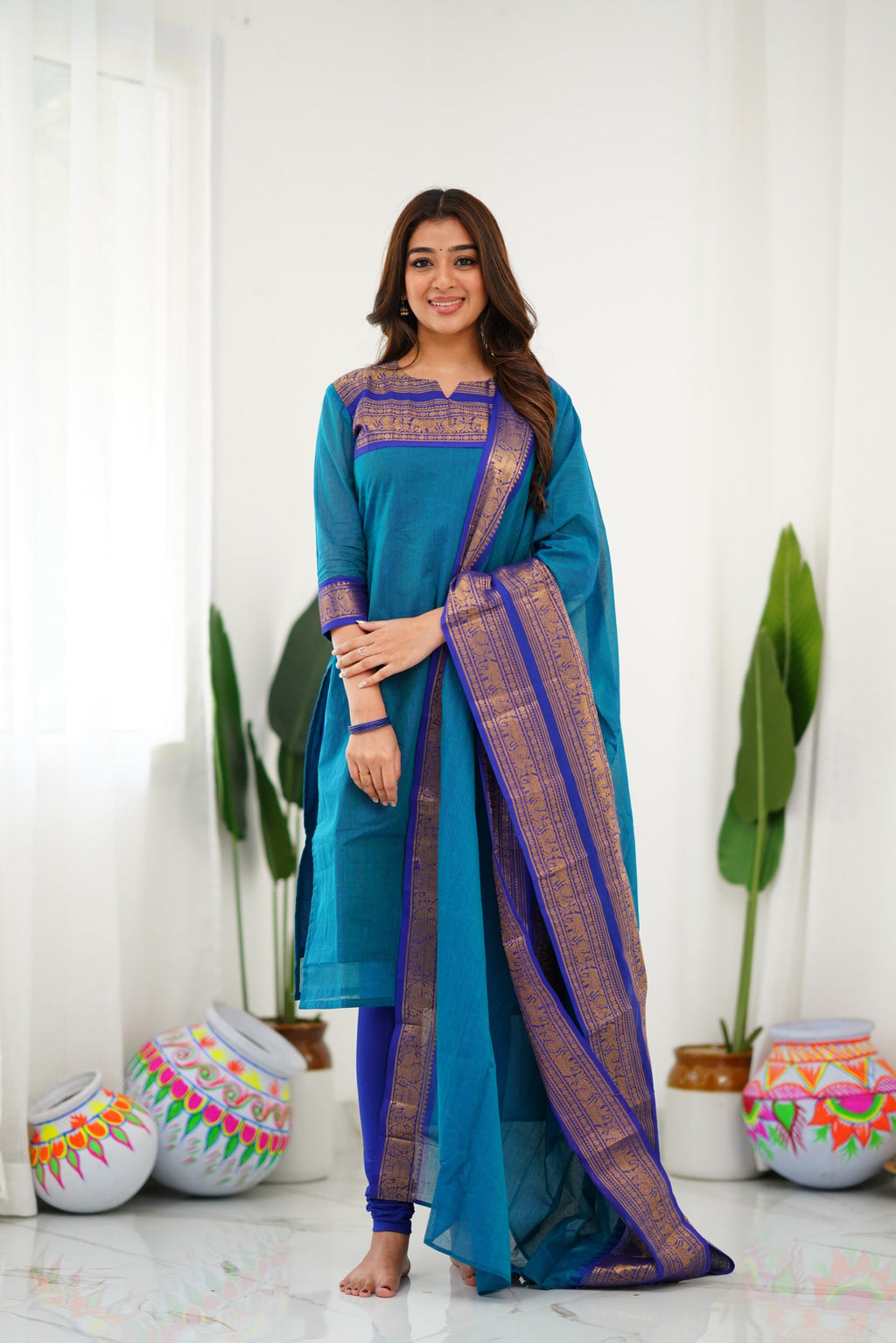 Teal Blue Kanchi Cotton Kurti with Royal Gold Dupatta