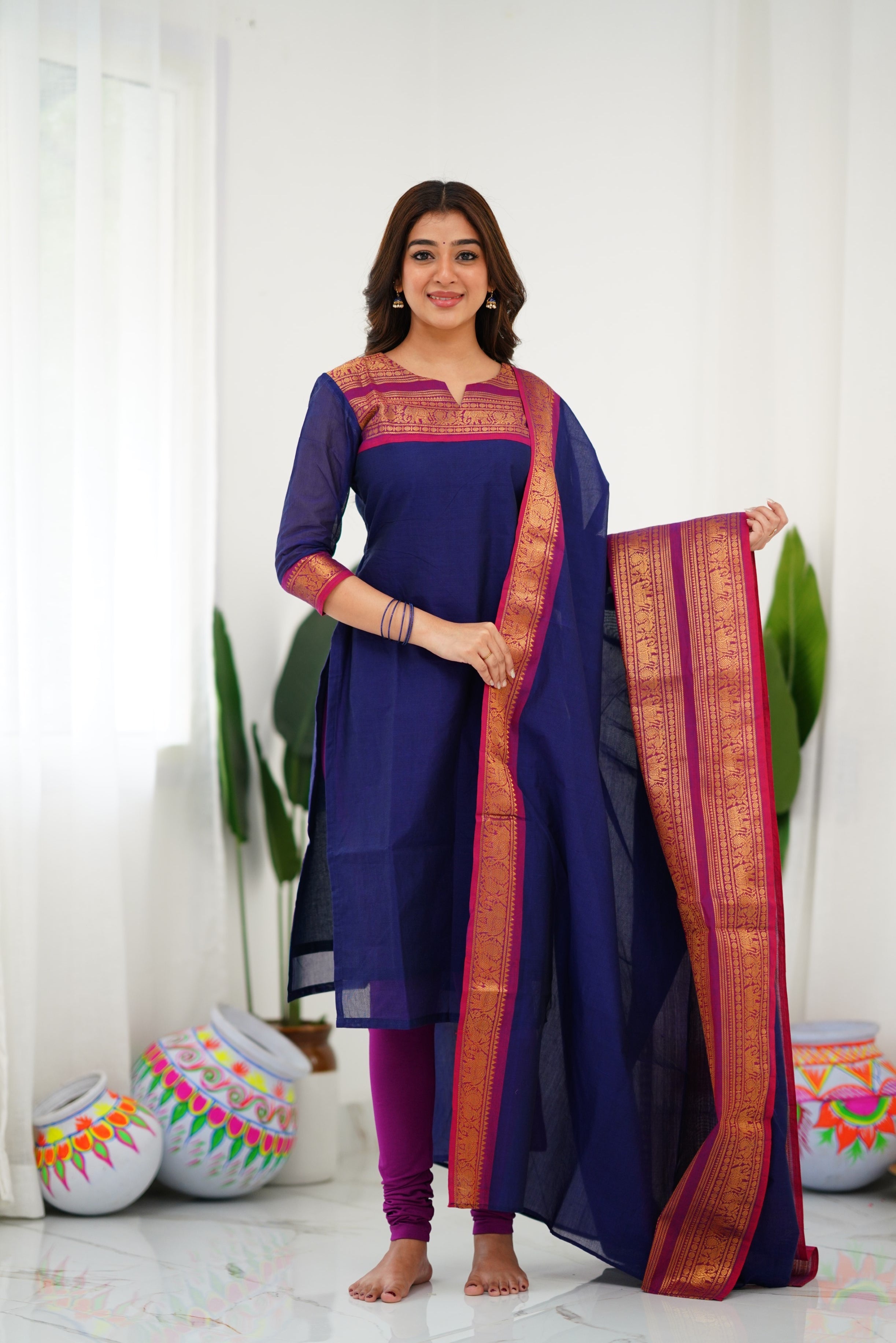 Navy Blue Kanchi Cotton Kurti with Magenta Dupatta