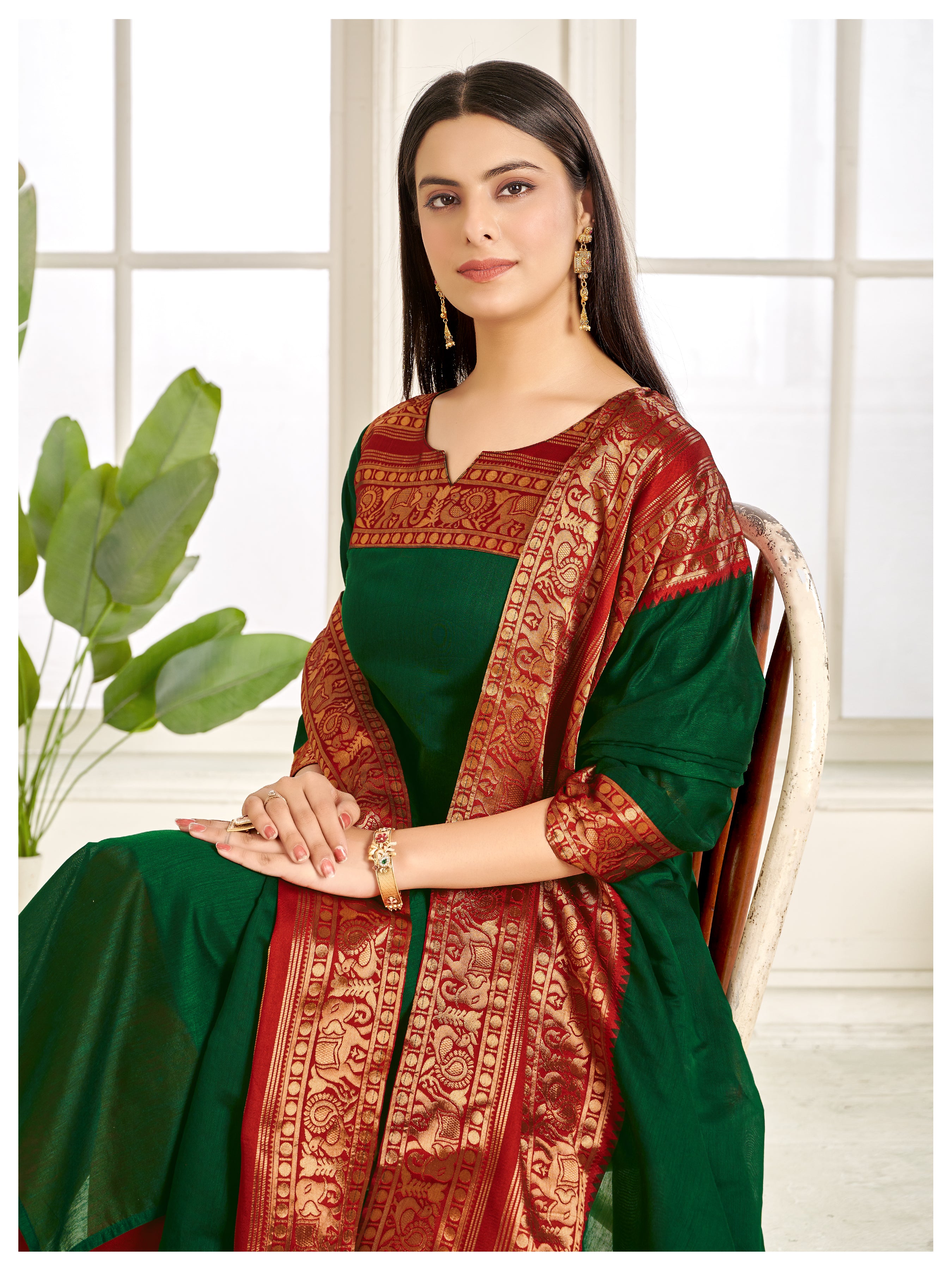 Bottle Green Kanchi Cotton Kurti with Rich Red Gold Dupatta
