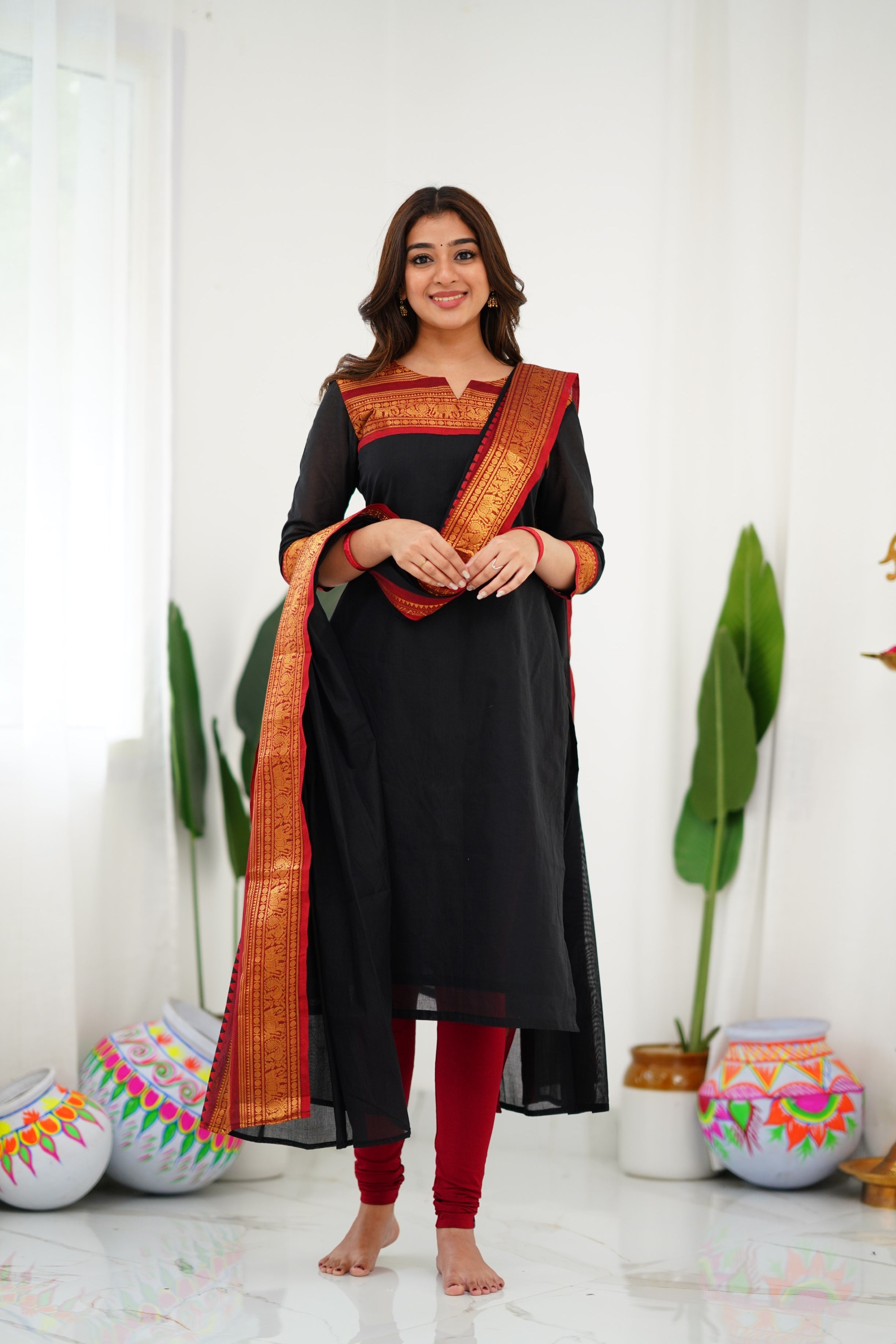 Black Kanchi Cotton Kurti with Red & Gold Dupatta