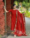 Red Kanchi Cotton Kurti Set with Zari Dupatta