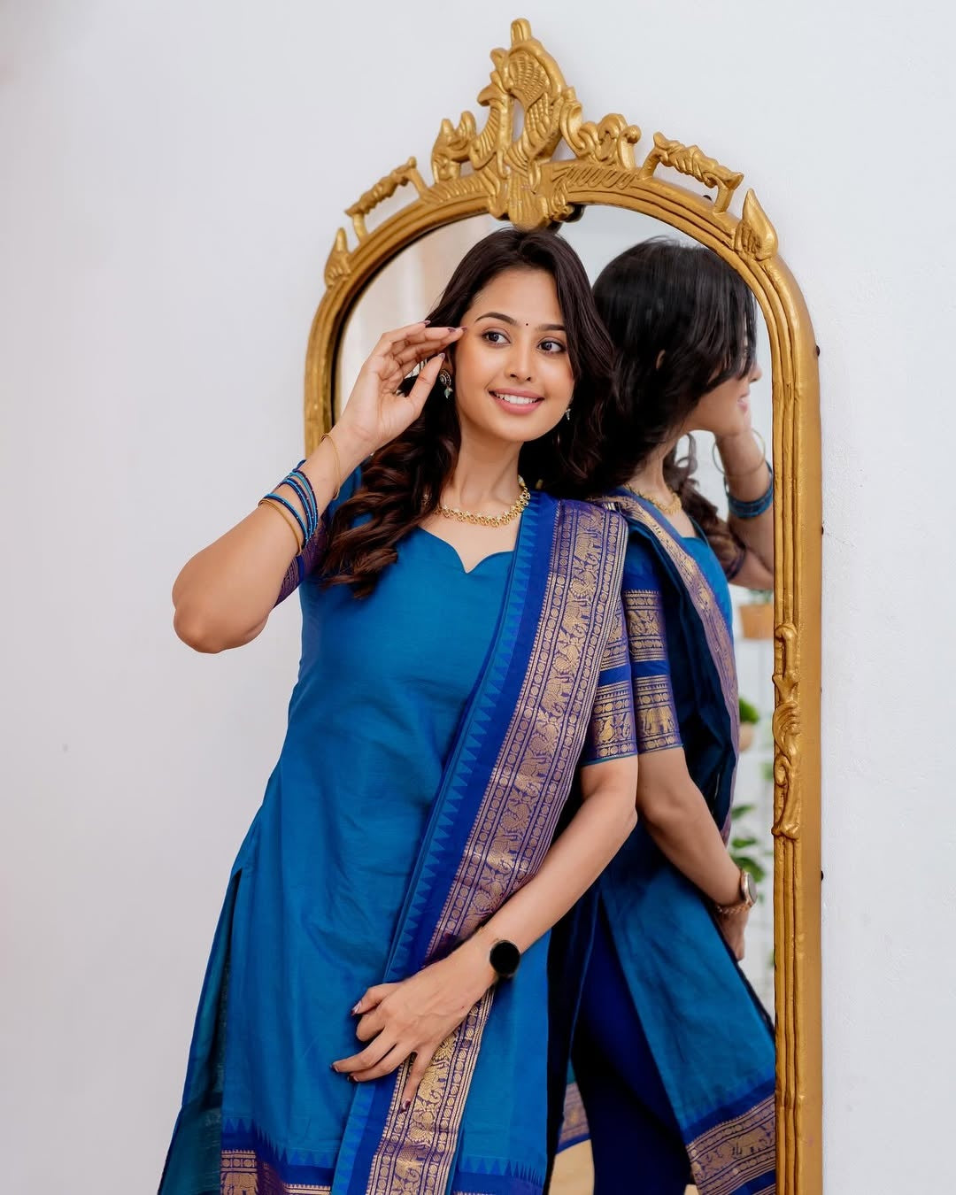 Firoji Blue Kanchi Cotton Kurti with Dupatta