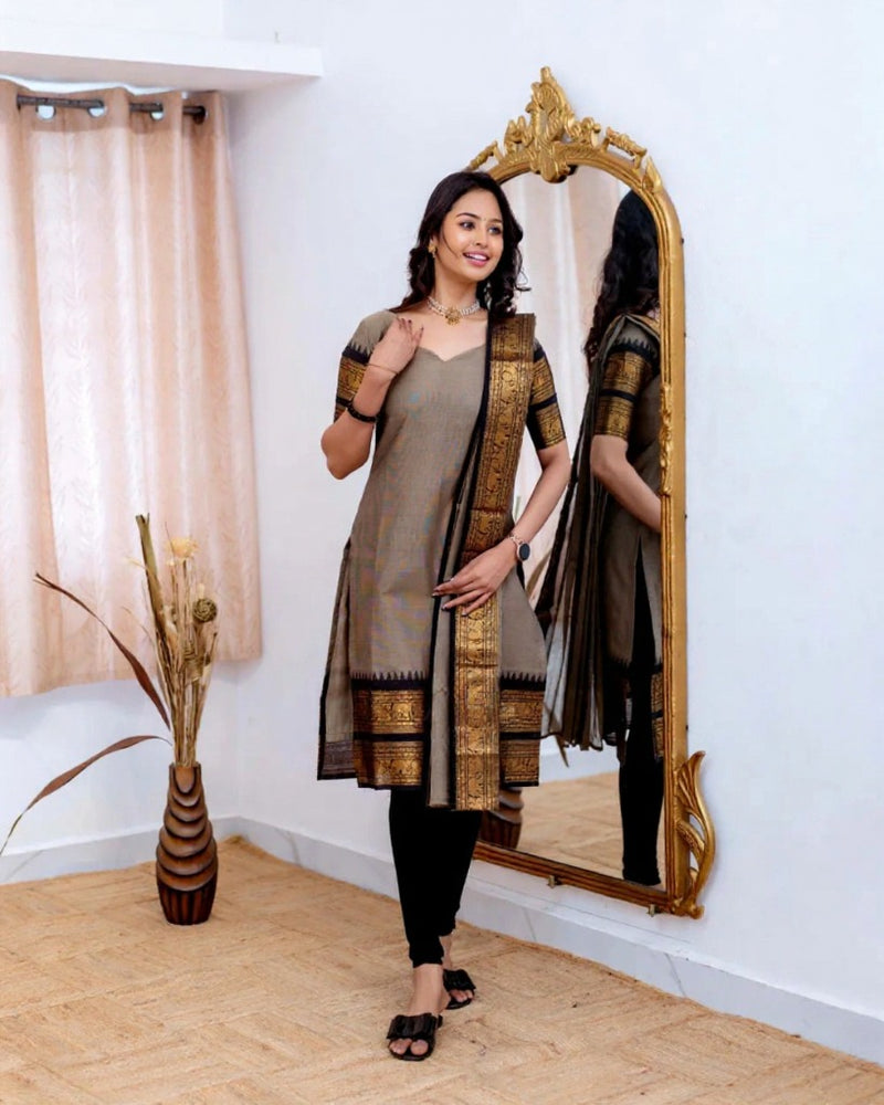 Grey Kanchi Cotton Kurti with Black Dupatta