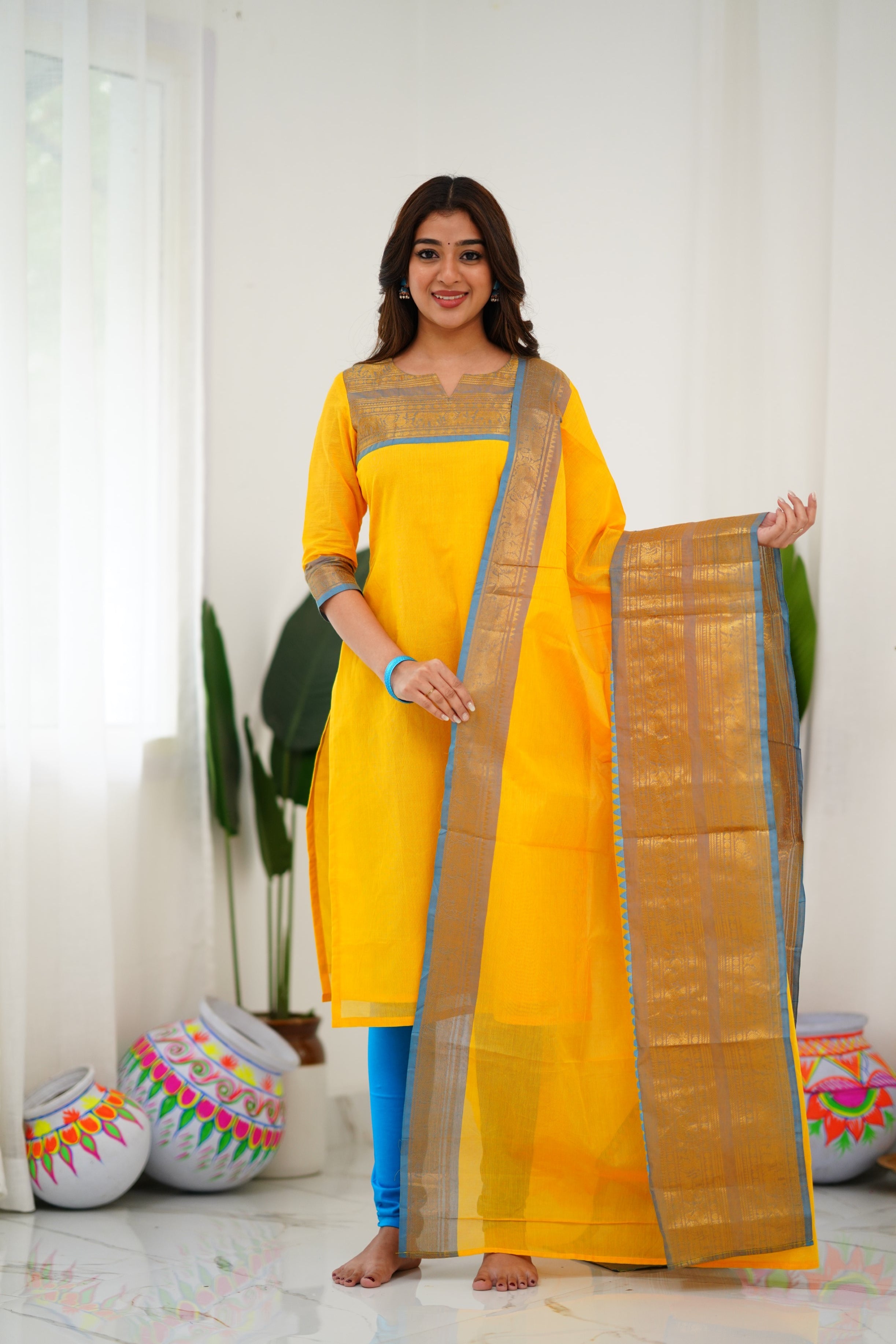 Bright Yellow Kanchi Cotton Kurti with Sky Blue Zari Dupatta