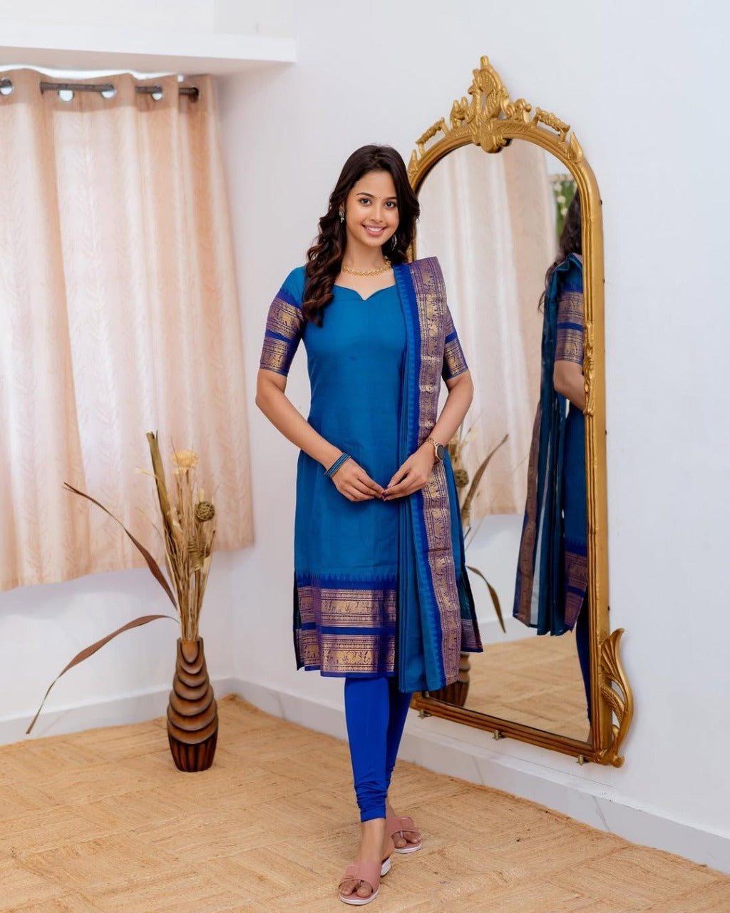 Firoji Blue Kanchi Cotton Kurti with Dupatta