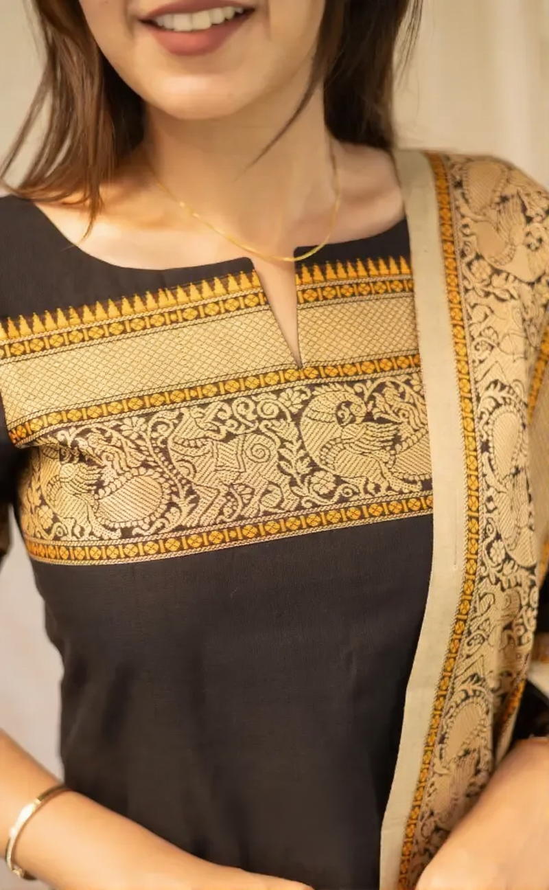 Black Kanchi Cotton Kurta Set with Dupatta
