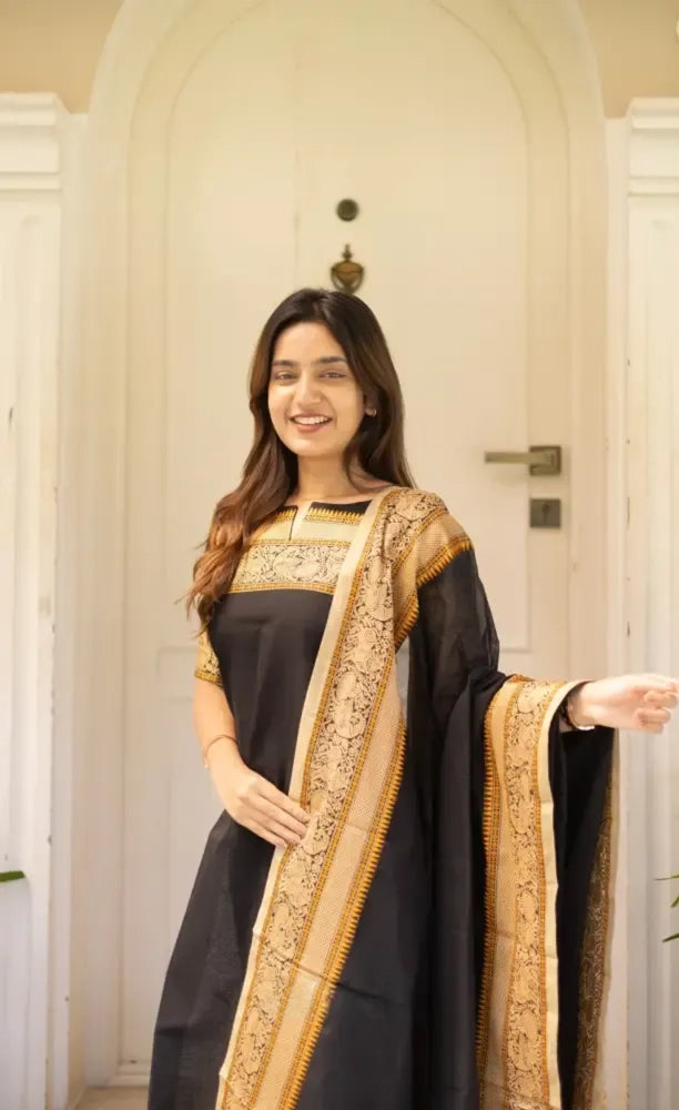 Black Kanchi Cotton Kurta Set with Dupatta