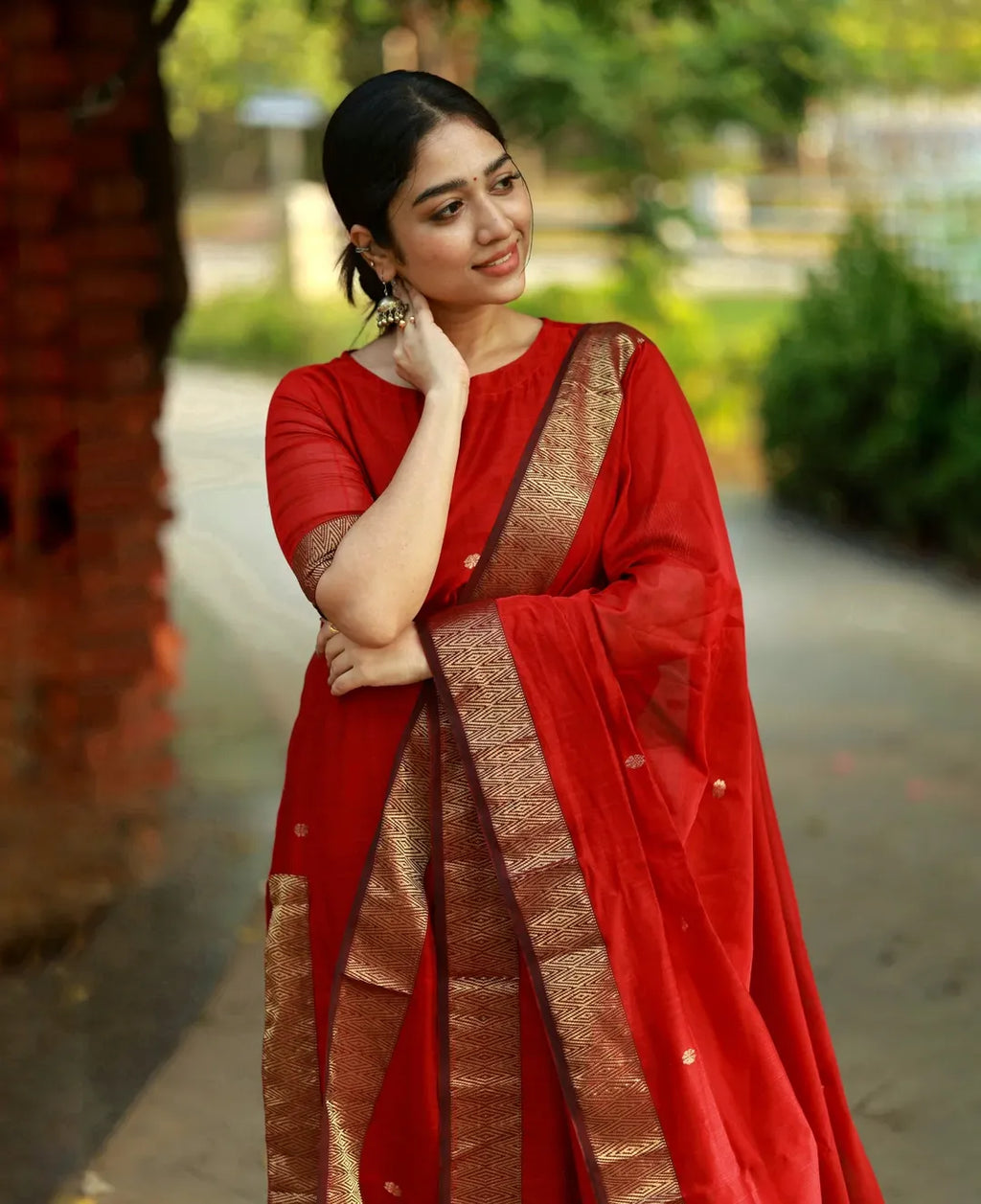 Red Kanchi Cotton Kurti Set with Zari Dupatta