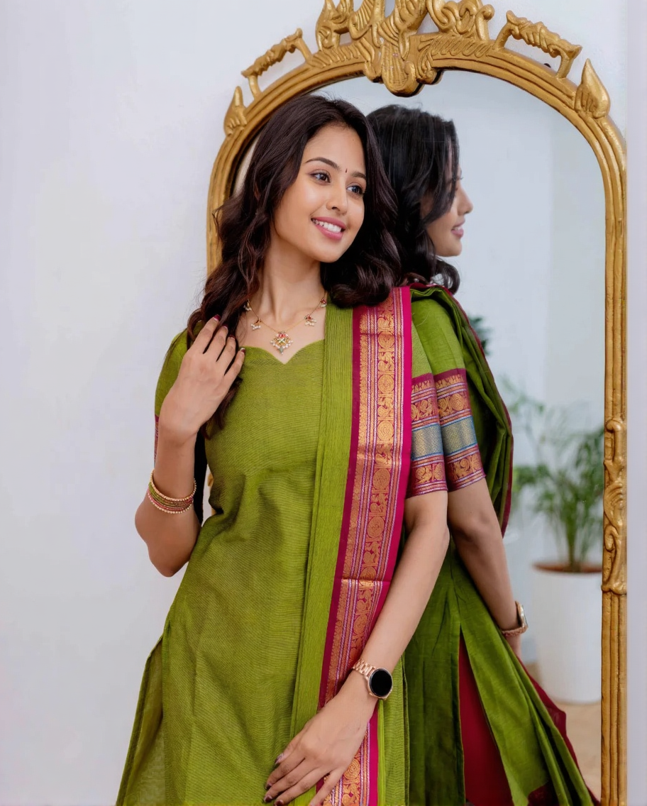 Olive Green Cotton Kurti with Pink Zari Dupatta