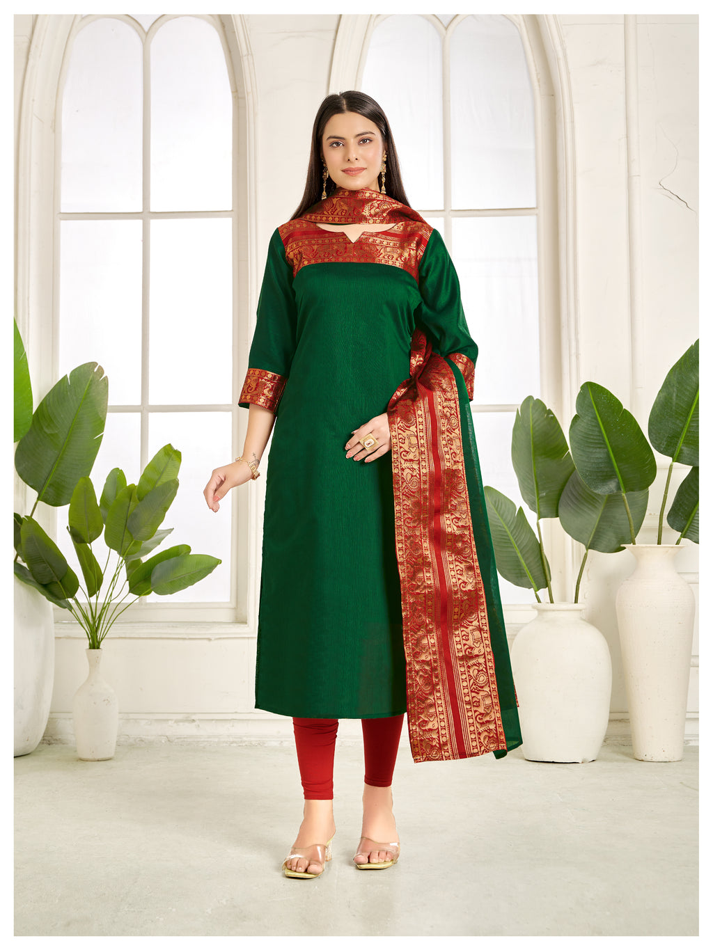 Bottle Green Kanchi Cotton Kurti with Rich Red Gold Dupatta