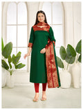 Bottle Green Kanchi Cotton Kurti with Rich Red Gold Dupatta