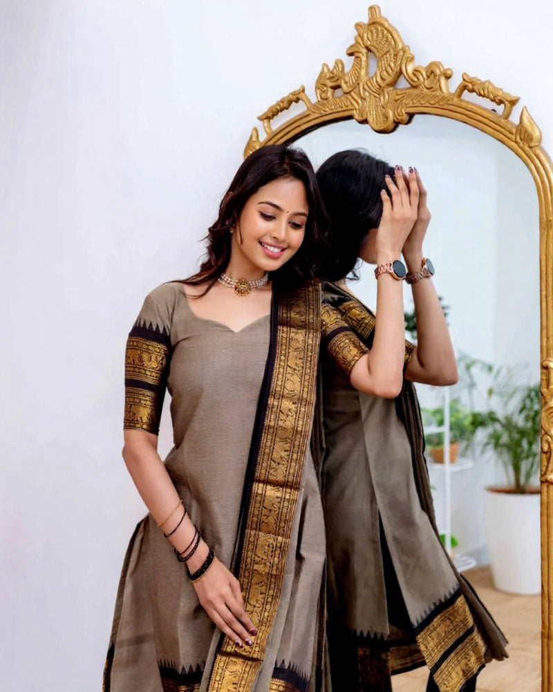 Grey Kanchi Cotton Kurti with Black Dupatta