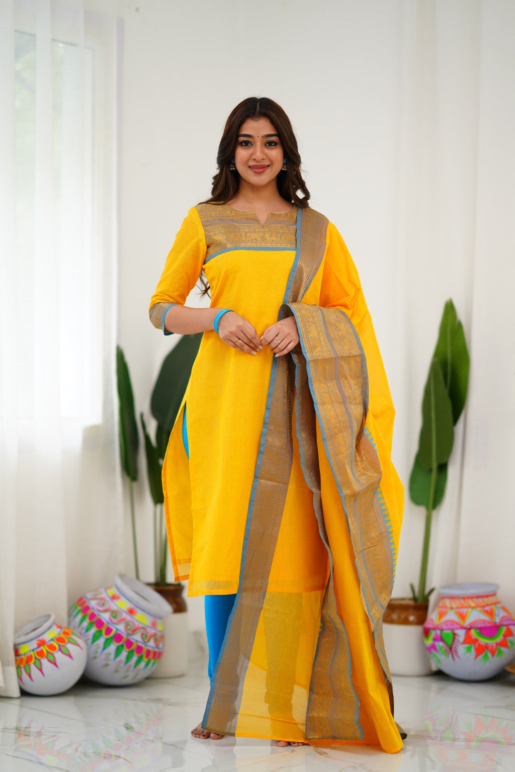 Bright Yellow Kanchi Cotton Kurti with Sky Blue Zari Dupatta