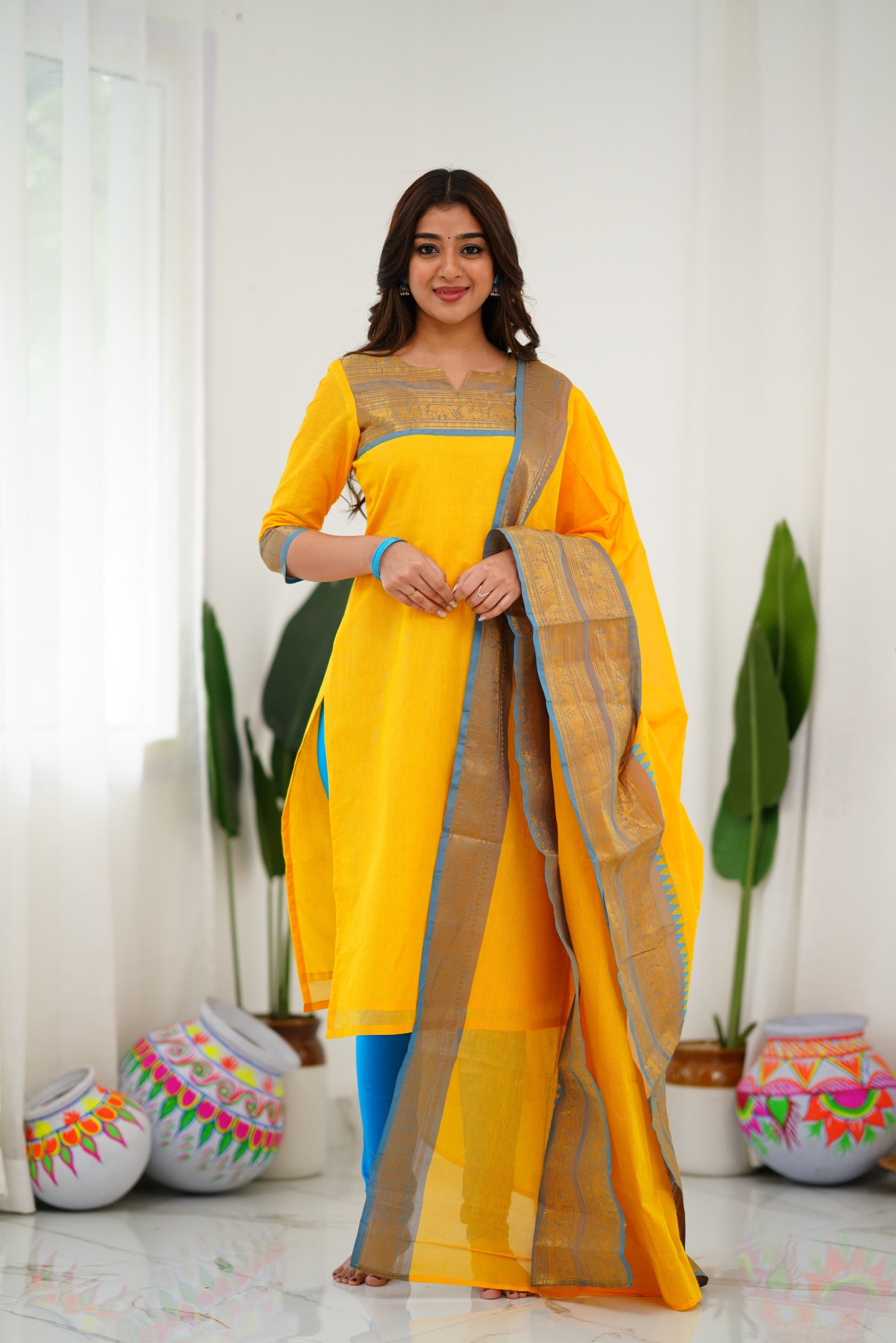 Bright Yellow Kanchi Cotton Kurti with Sky Blue Zari Dupatta