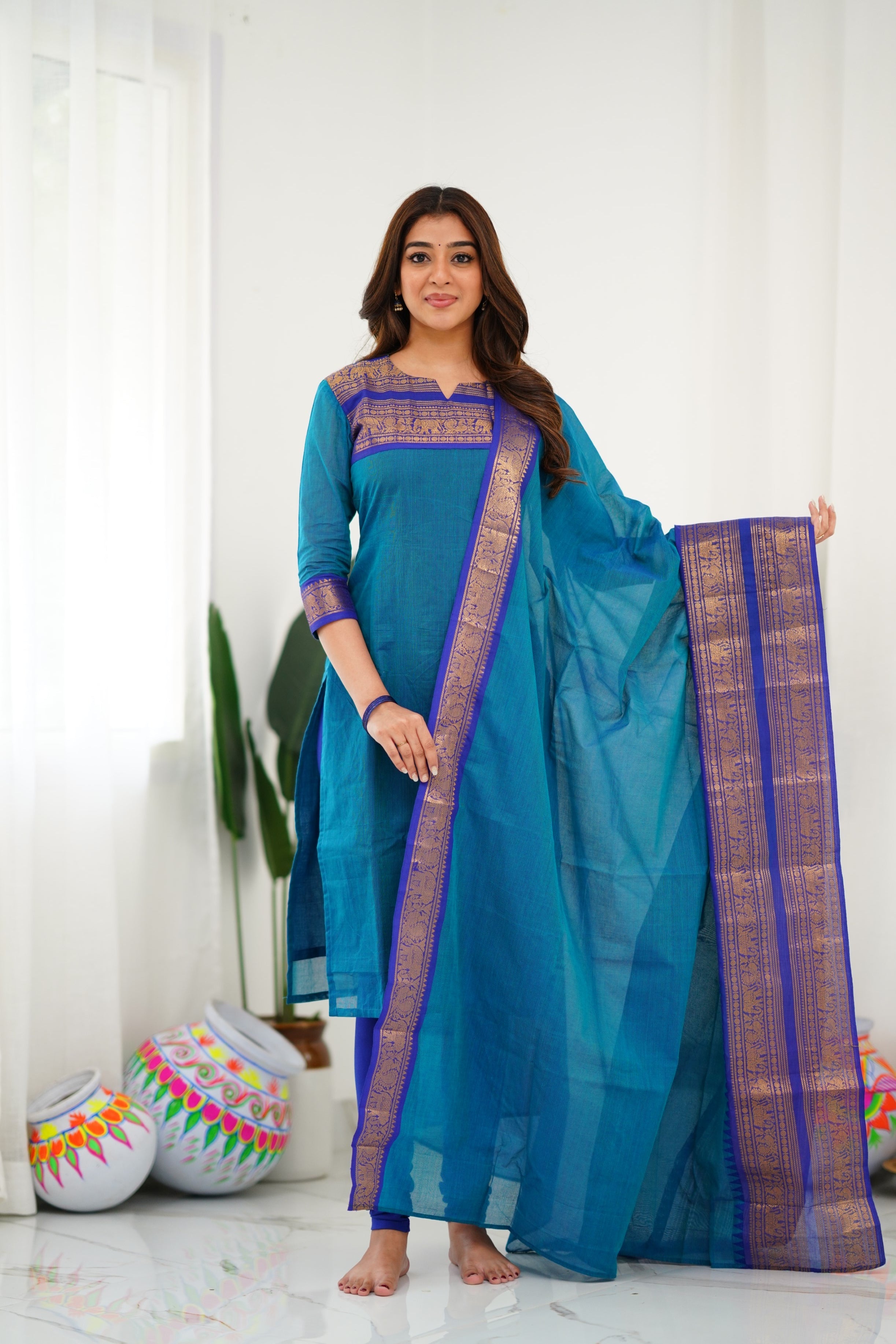 Teal Blue Kanchi Cotton Kurti with Royal Gold Dupatta