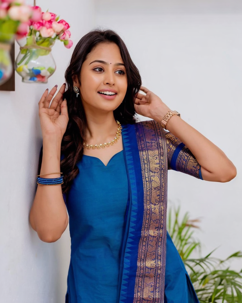 Firoji Blue Kanchi Cotton Kurti with Dupatta