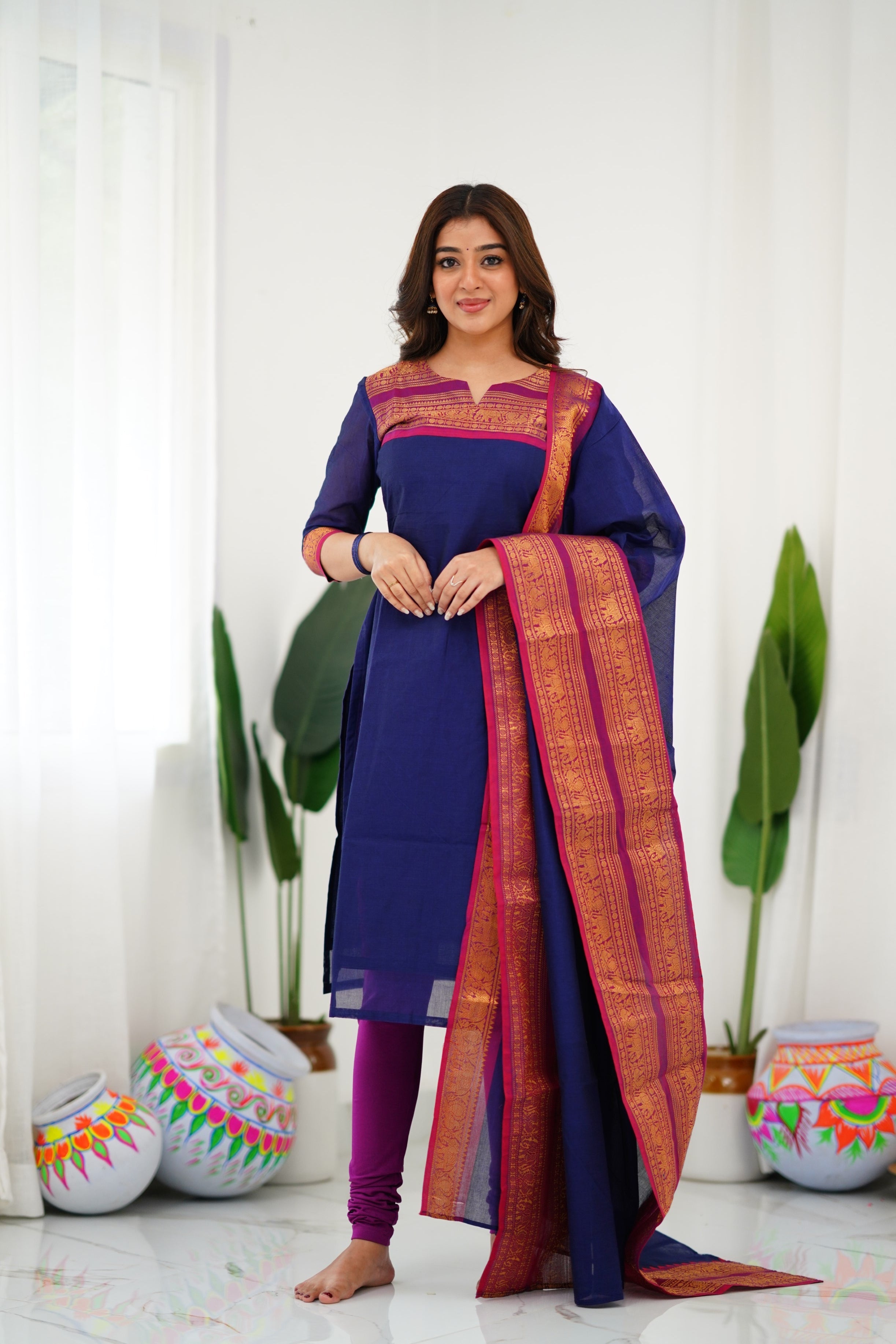 Navy Blue Kanchi Cotton Kurti with Magenta Dupatta