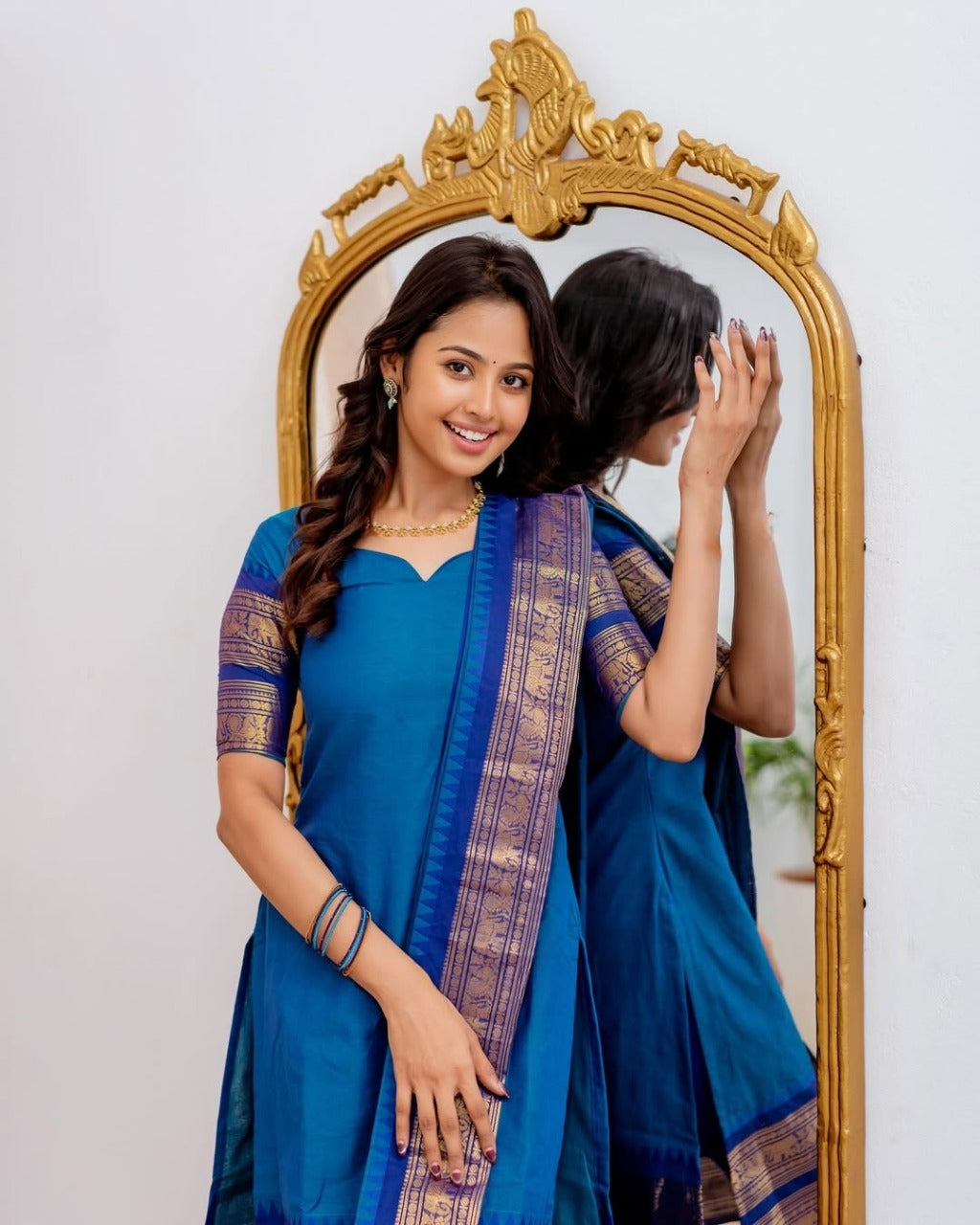 Firoji Blue Kanchi Cotton Kurti with Dupatta