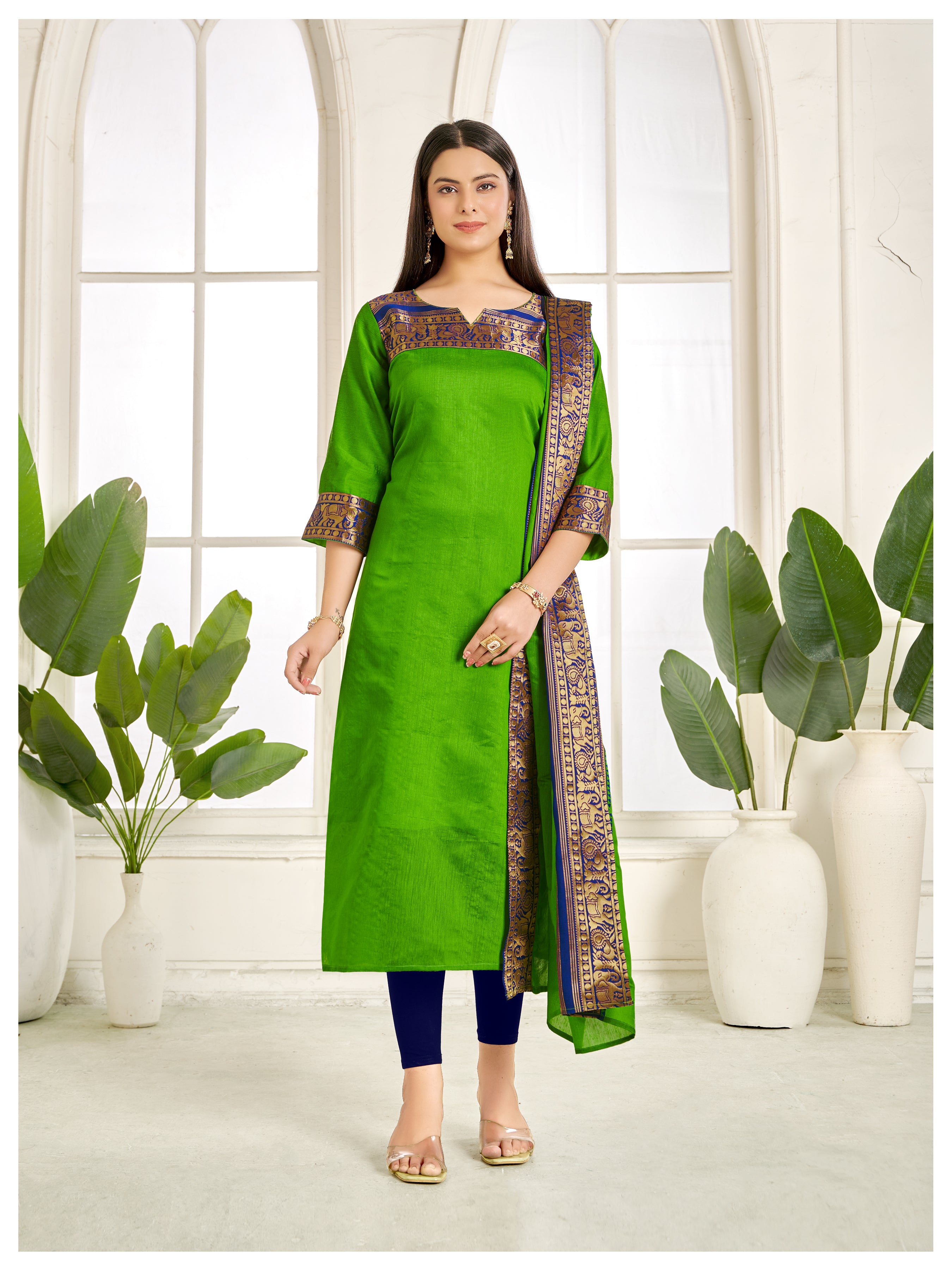 Mehandi Kanchi Cotton Kurti with Royal Blue Zari Dupatta