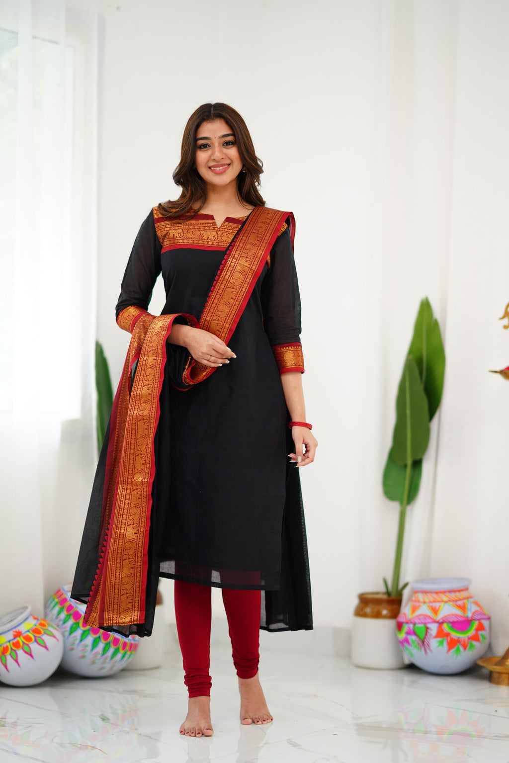 Black Kanchi Cotton Kurti with Red & Gold Dupatta