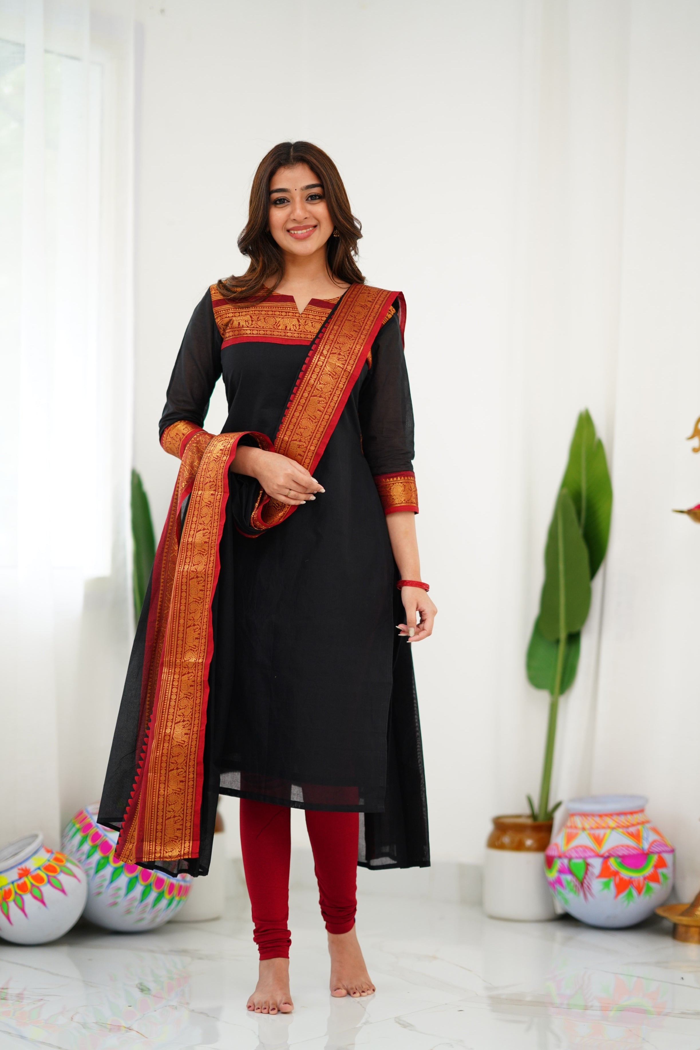 Black Kanchi Cotton Kurti with Red & Gold Dupatta