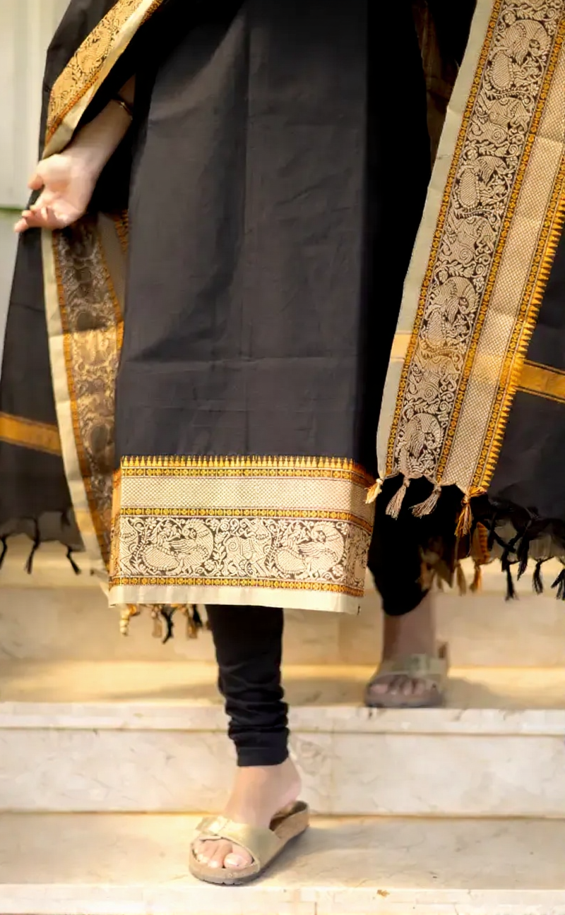 Black Kanchi Cotton Kurta Set with Dupatta