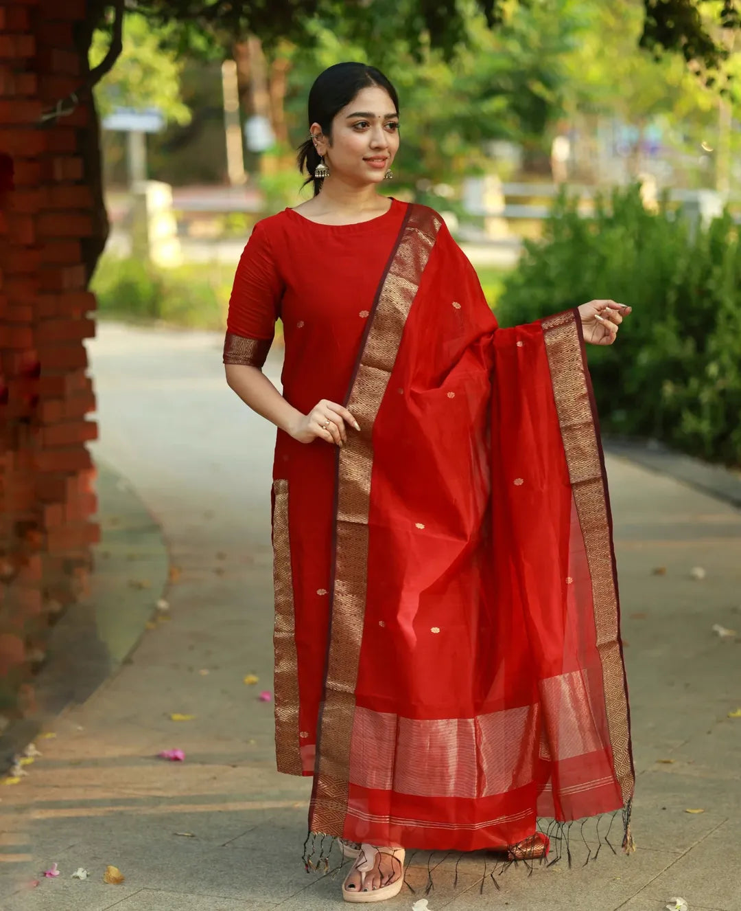 Red Kanchi Cotton Kurti Set with Zari Dupatta