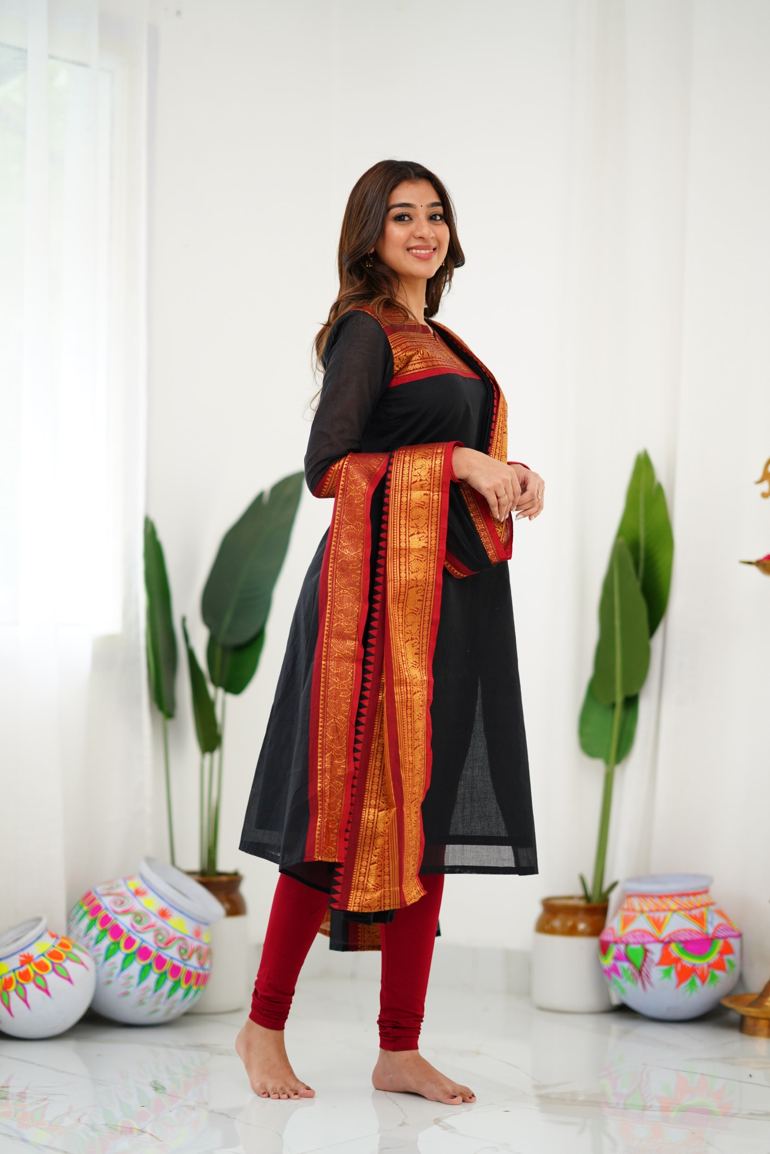 Black Kanchi Cotton Kurti with Red & Gold Dupatta