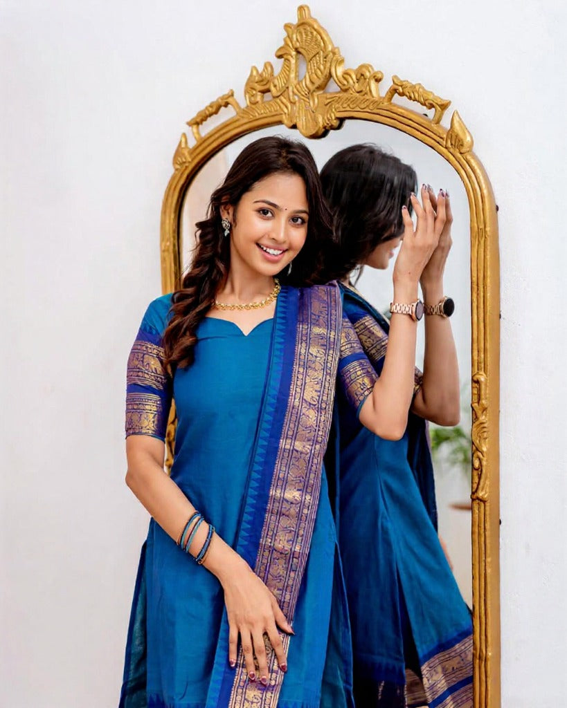 Firoji Blue Kanchi Cotton Kurti with Dupatta