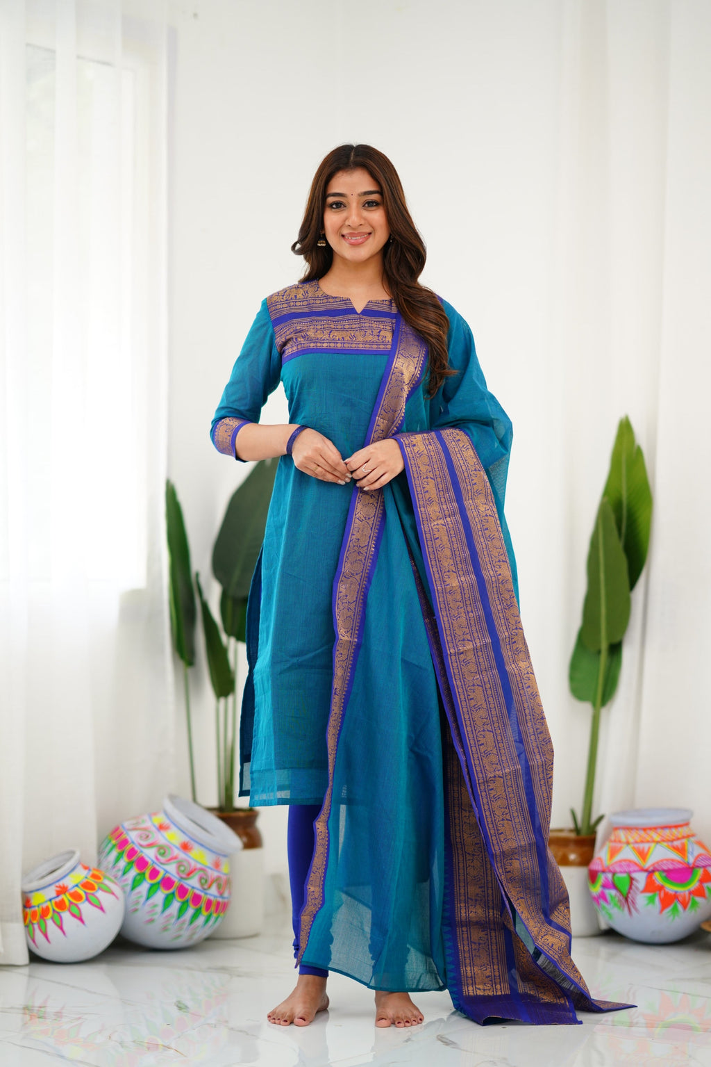 Teal Blue Kanchi Cotton Kurti with Royal Gold Dupatta