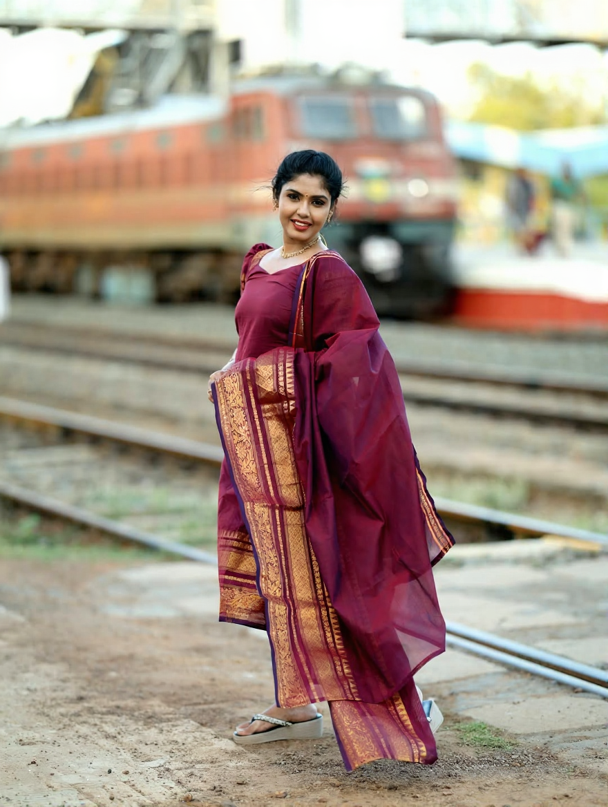 Maroon Kanchi Cotton Kurta Set with Dupatta