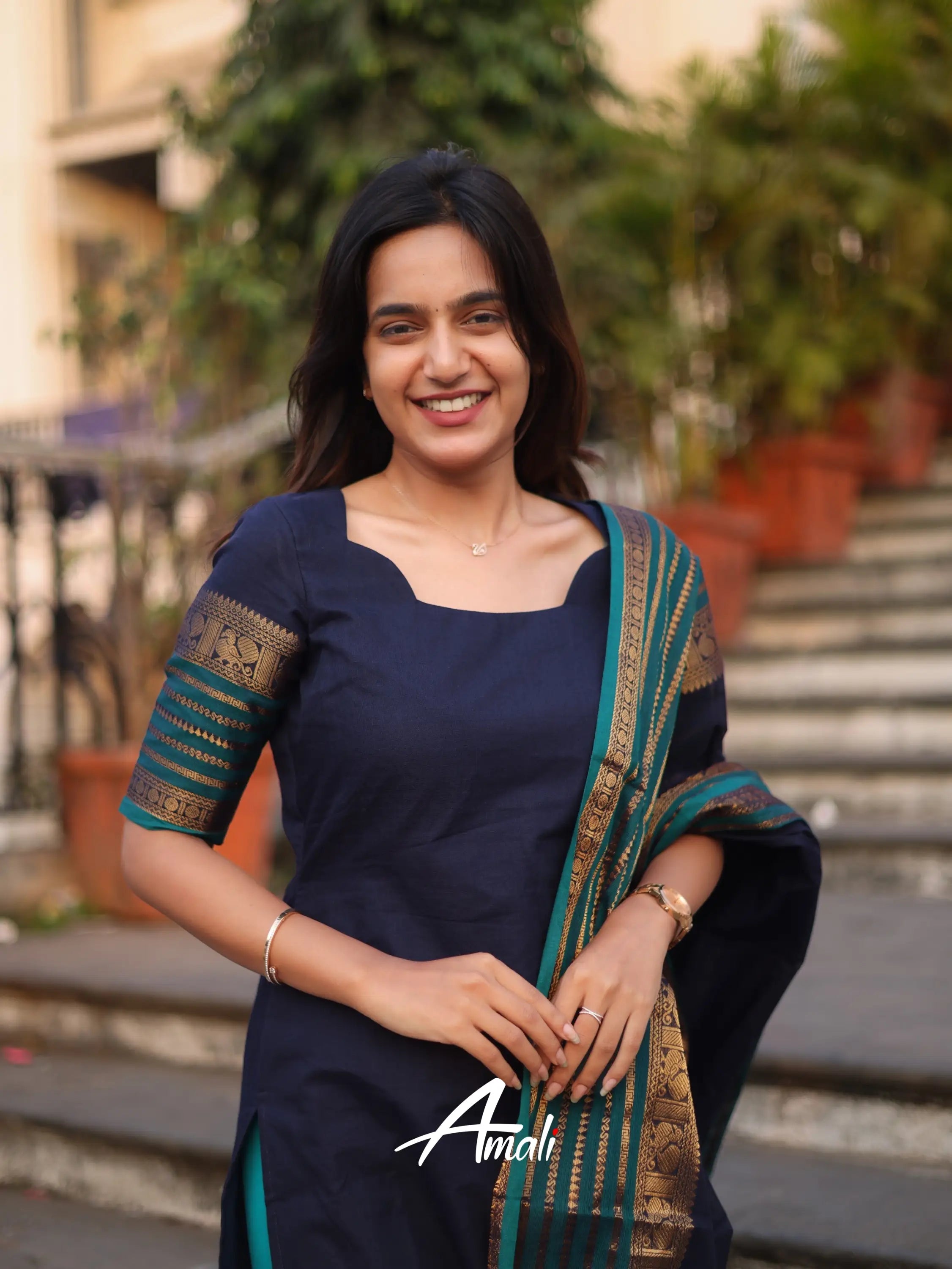 Navy Blue Kanchi Cotton Kurti with Designer Dupatta