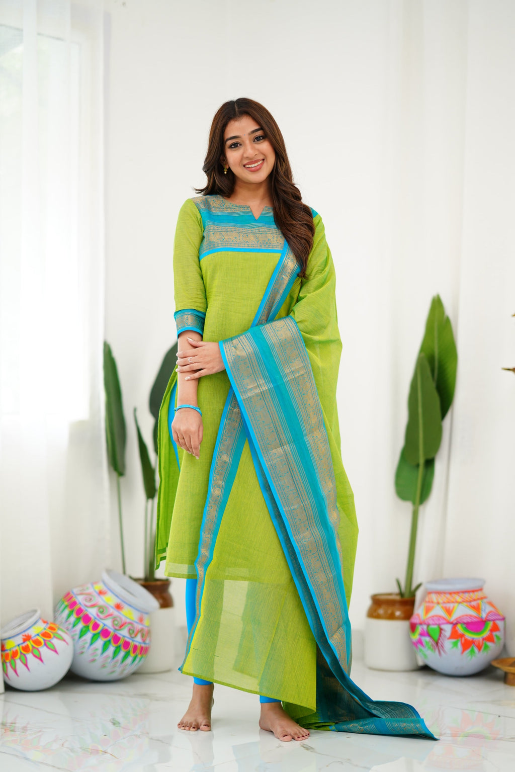 Lime Green Kanchi Cotton Kurti with Teal Gold Dupatta