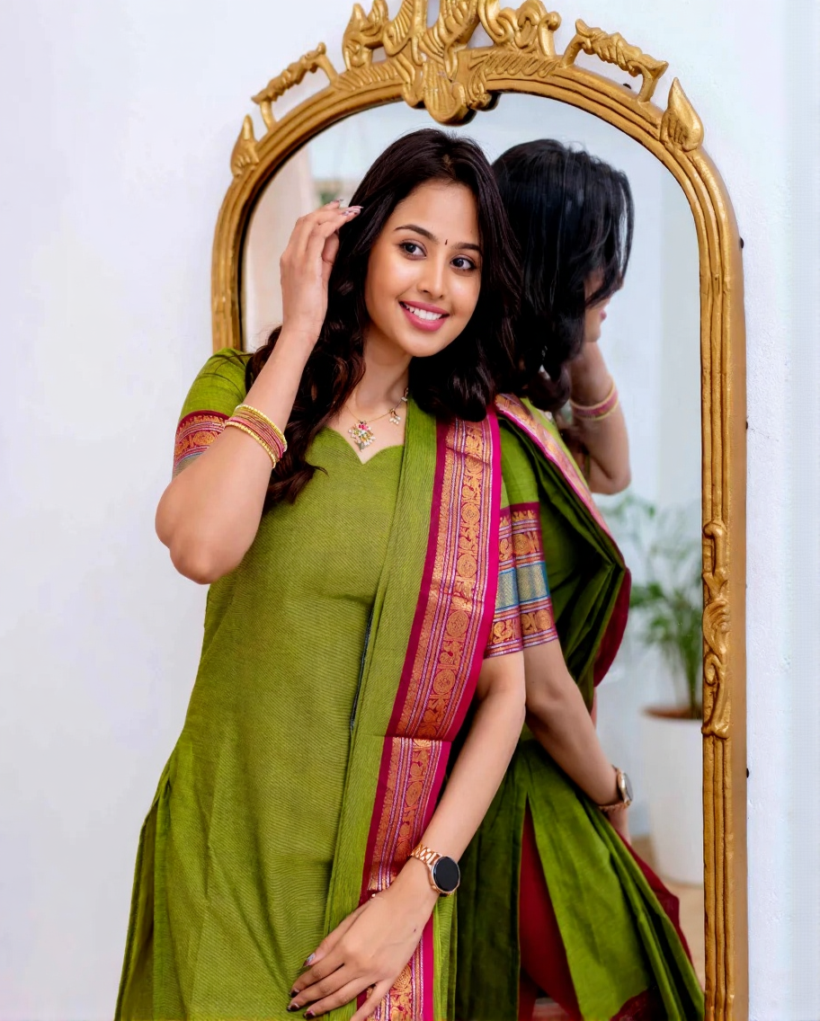 Olive Green Cotton Kurti with Pink Zari Dupatta