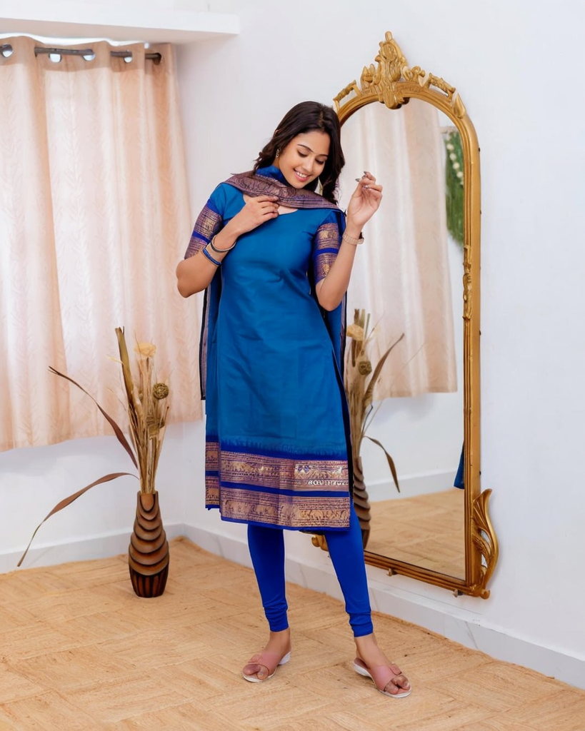 Firoji Blue Kanchi Cotton Kurti with Dupatta