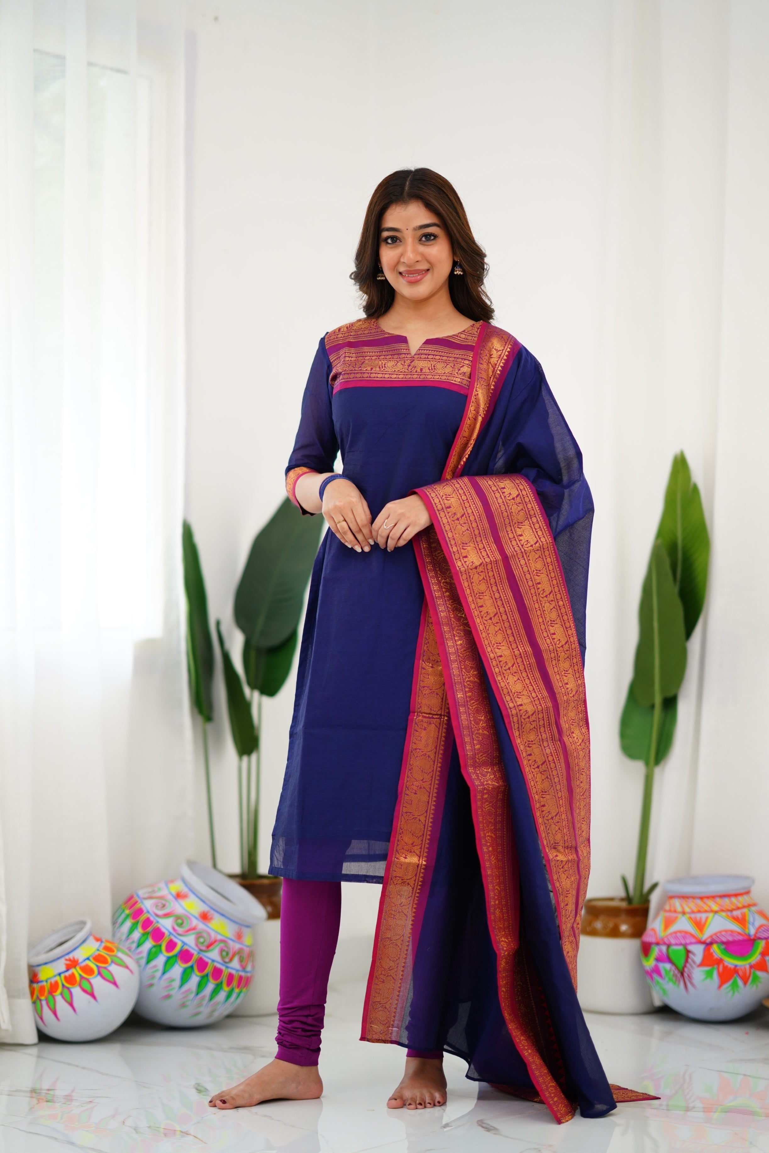 Navy Blue Kanchi Cotton Kurti with Magenta Dupatta