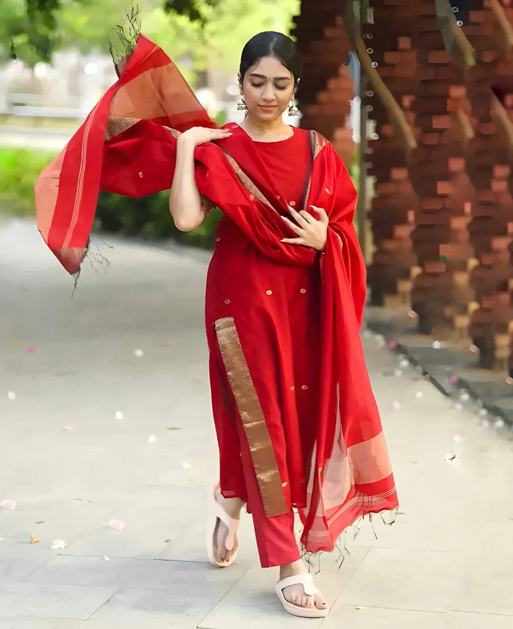 Red Kanchi Cotton Kurti Set with Zari Dupatta
