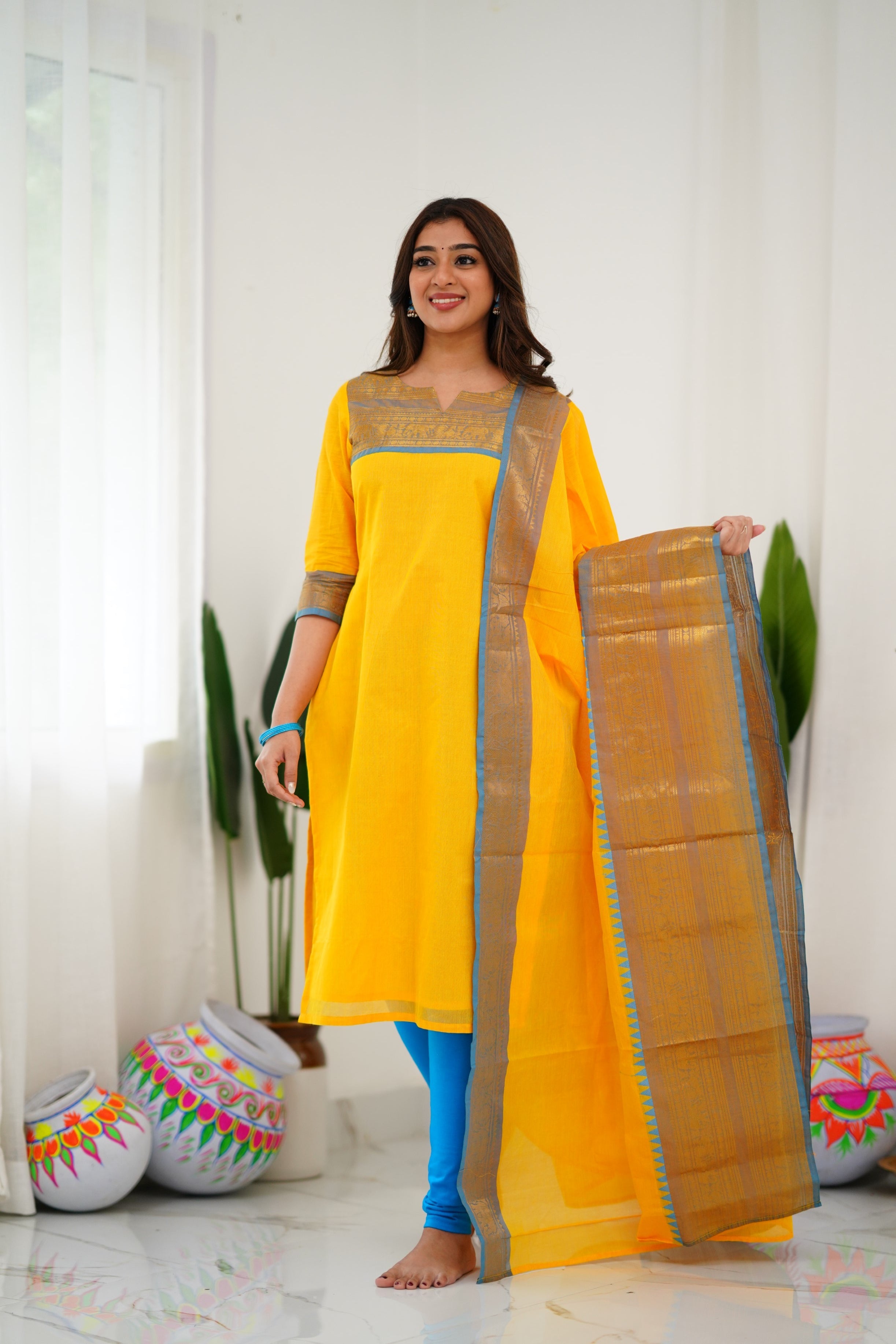 Bright Yellow Kanchi Cotton Kurti with Sky Blue Zari Dupatta