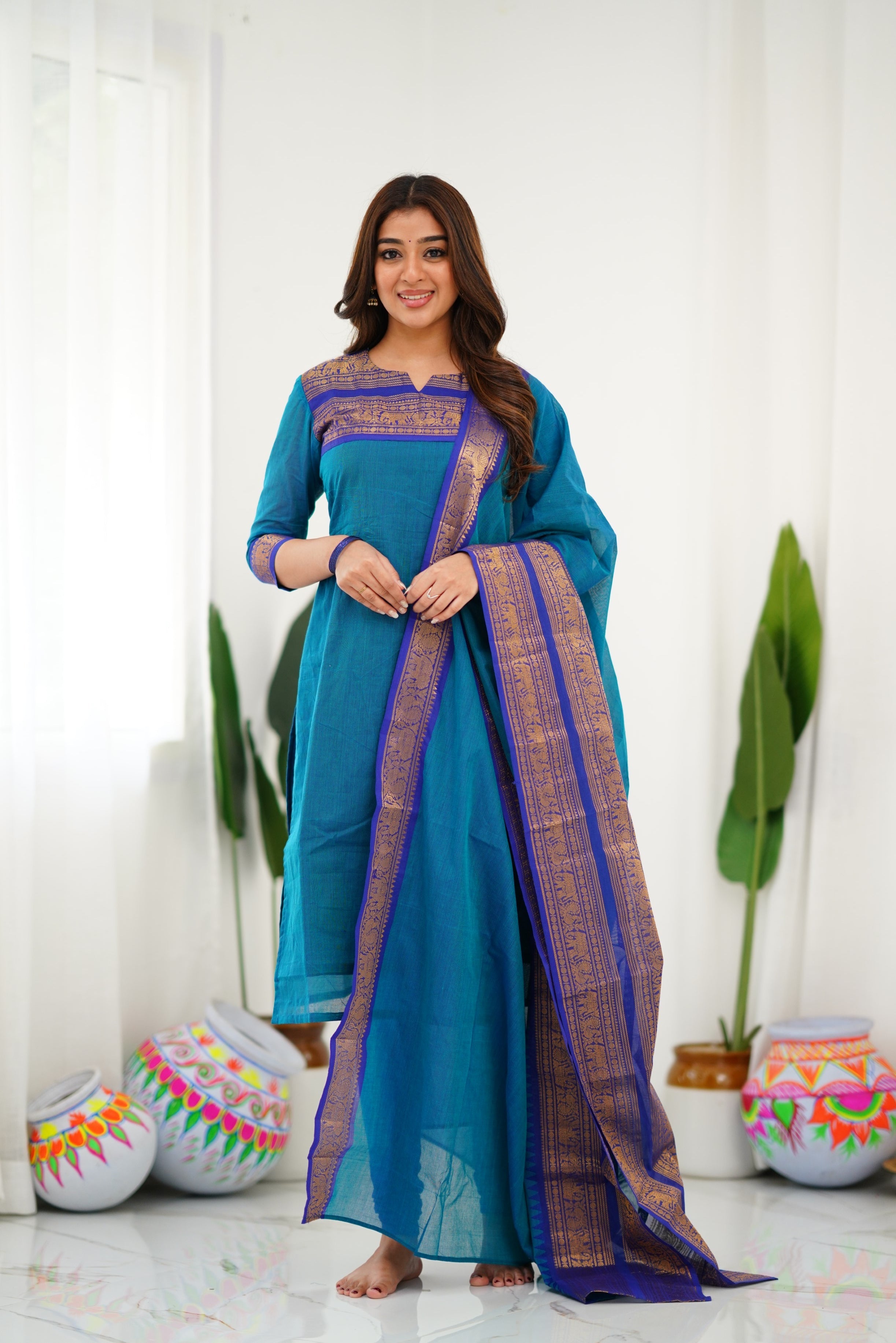 Teal Blue Kanchi Cotton Kurti with Royal Gold Dupatta