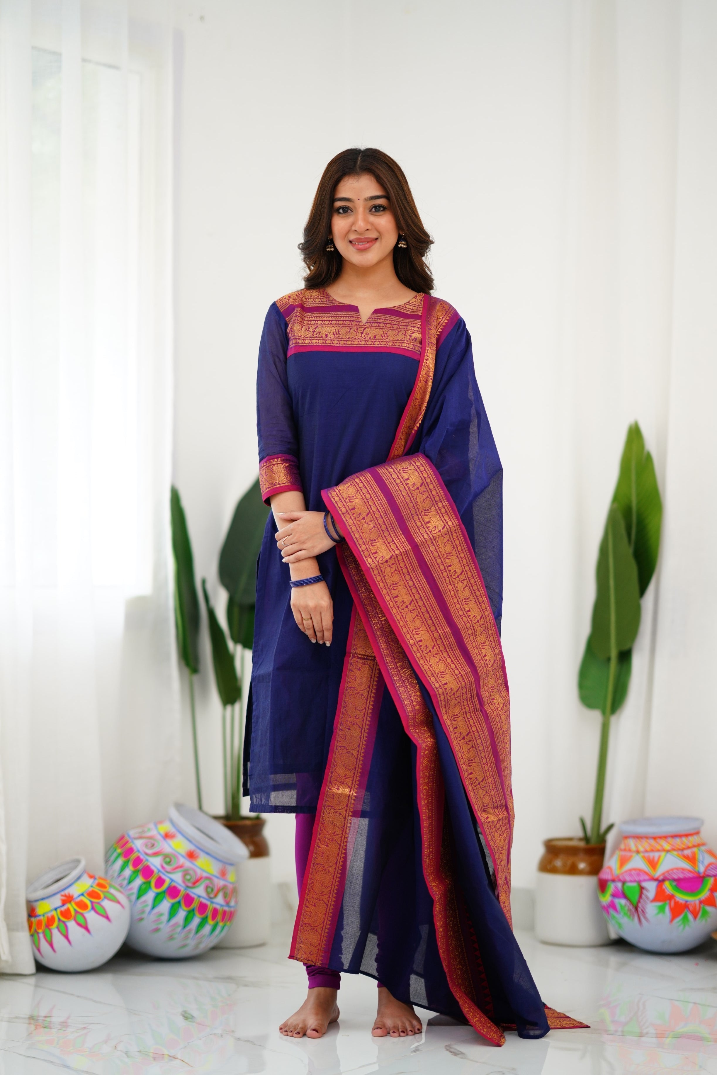 Navy Blue Kanchi Cotton Kurti with Magenta Dupatta