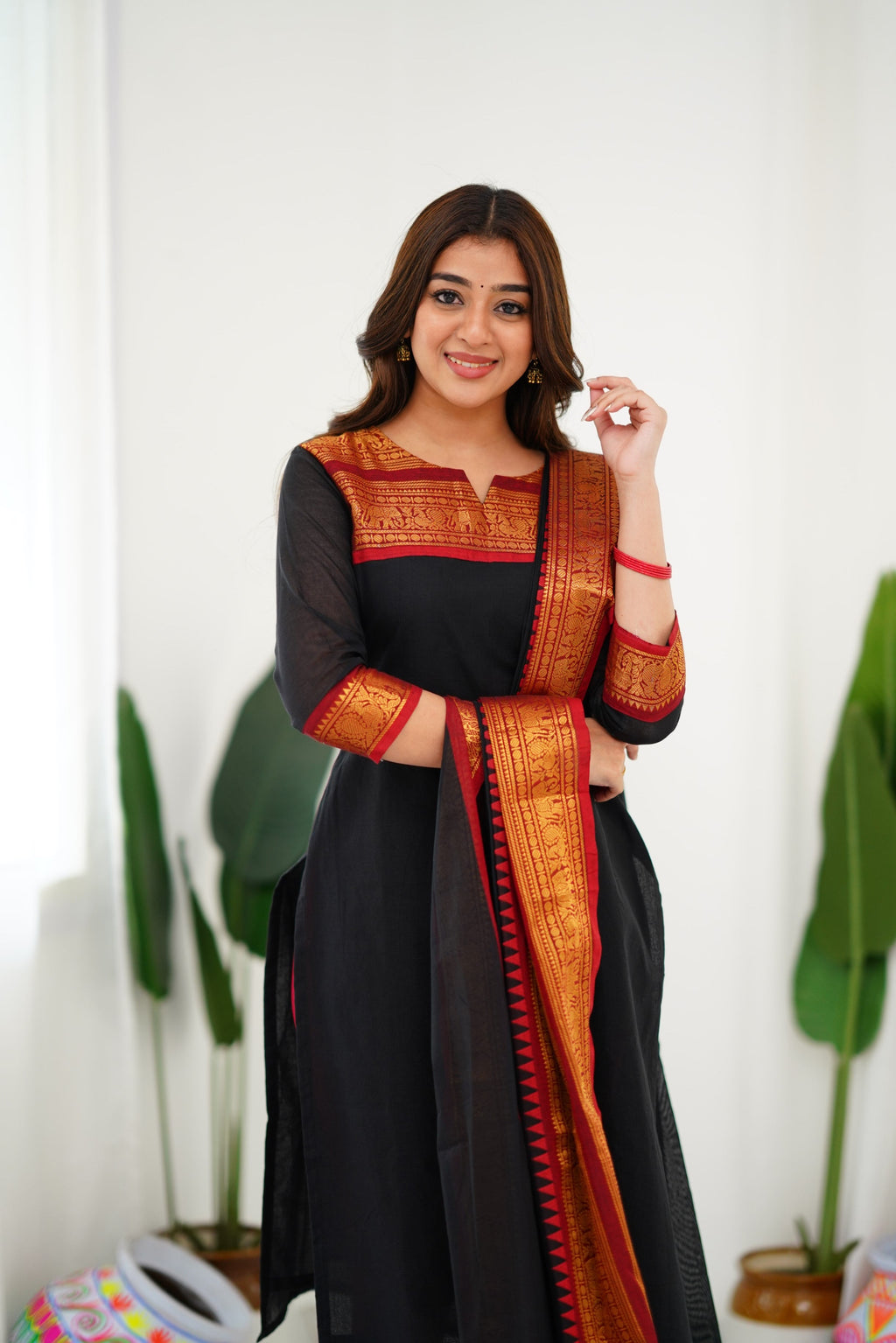 Black Kanchi Cotton Kurti with Red & Gold Dupatta