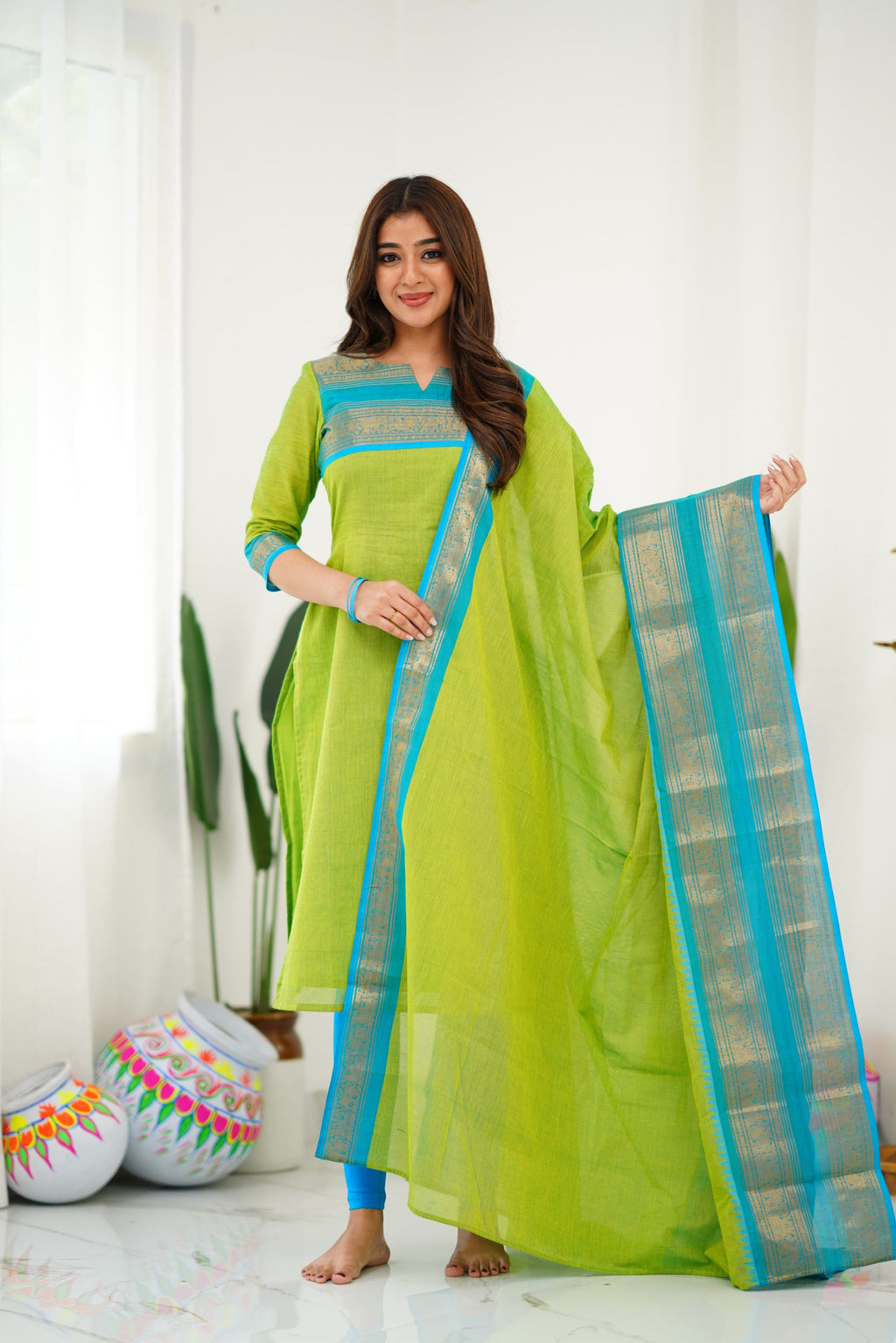 Lime Green Kanchi Cotton Kurti with Teal Gold Dupatta