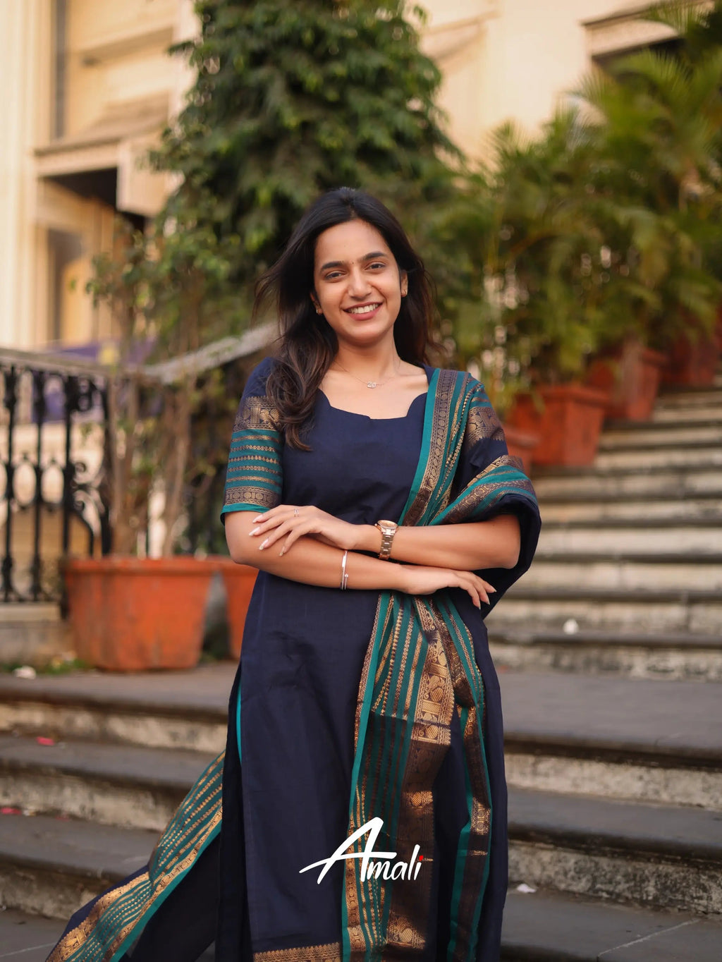Navy Blue Kanchi Cotton Kurti with Designer Dupatta